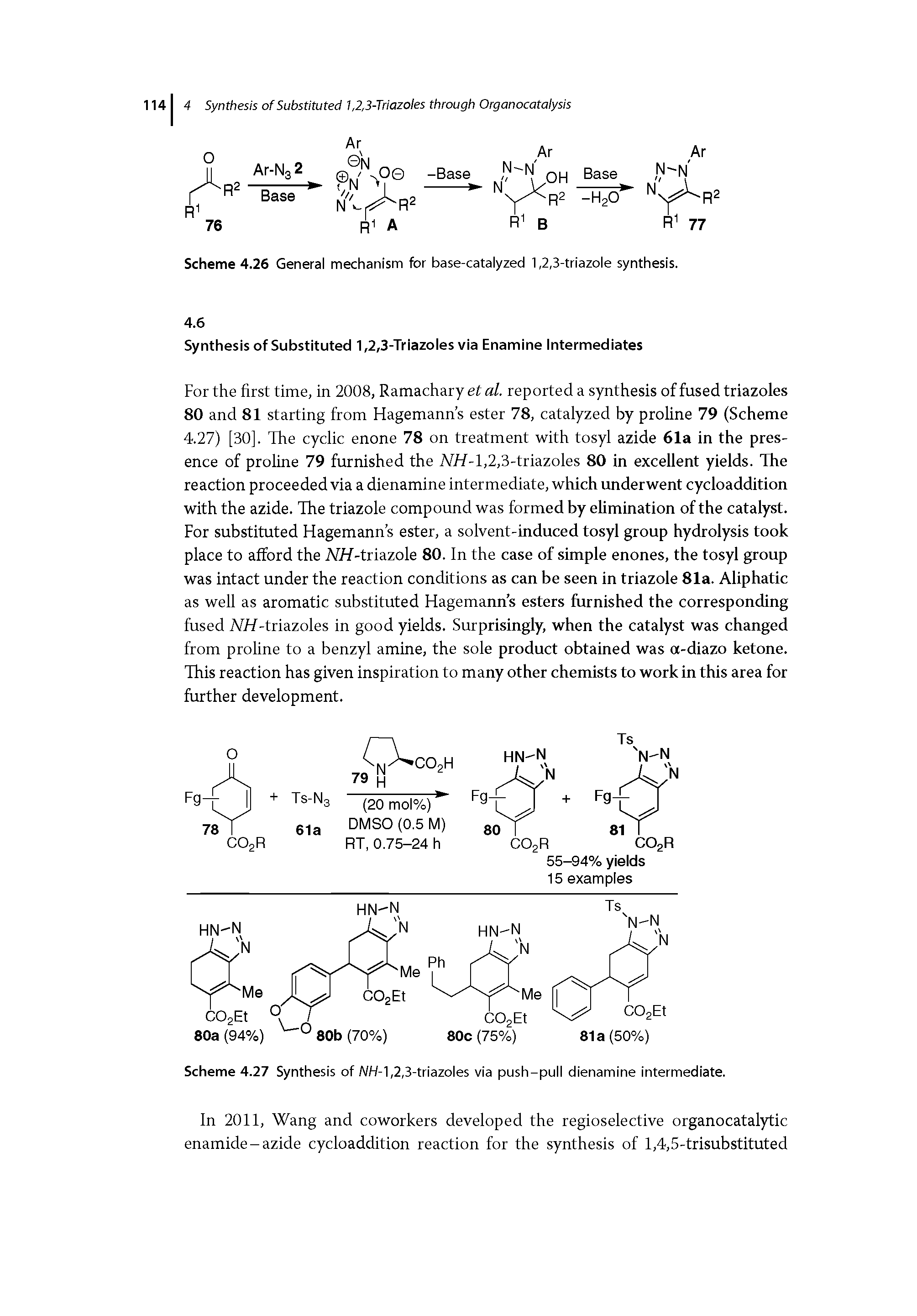 Scheme 4.27 Synthesis of WH-1,2,3-triazoles via push-pull dienamine intermediate.