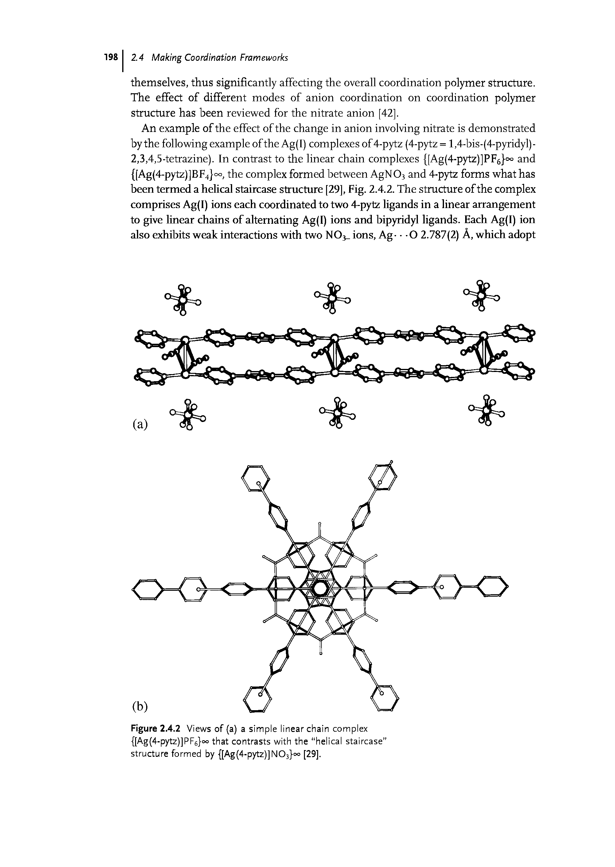 Figure 2.4.2 Views of (a) a simple linear chain complex [Ag(4-pytz)]PF6 °° that contrasts with the helical staircase structure formed by [Ag(4-pytz)]N03 °° [29].