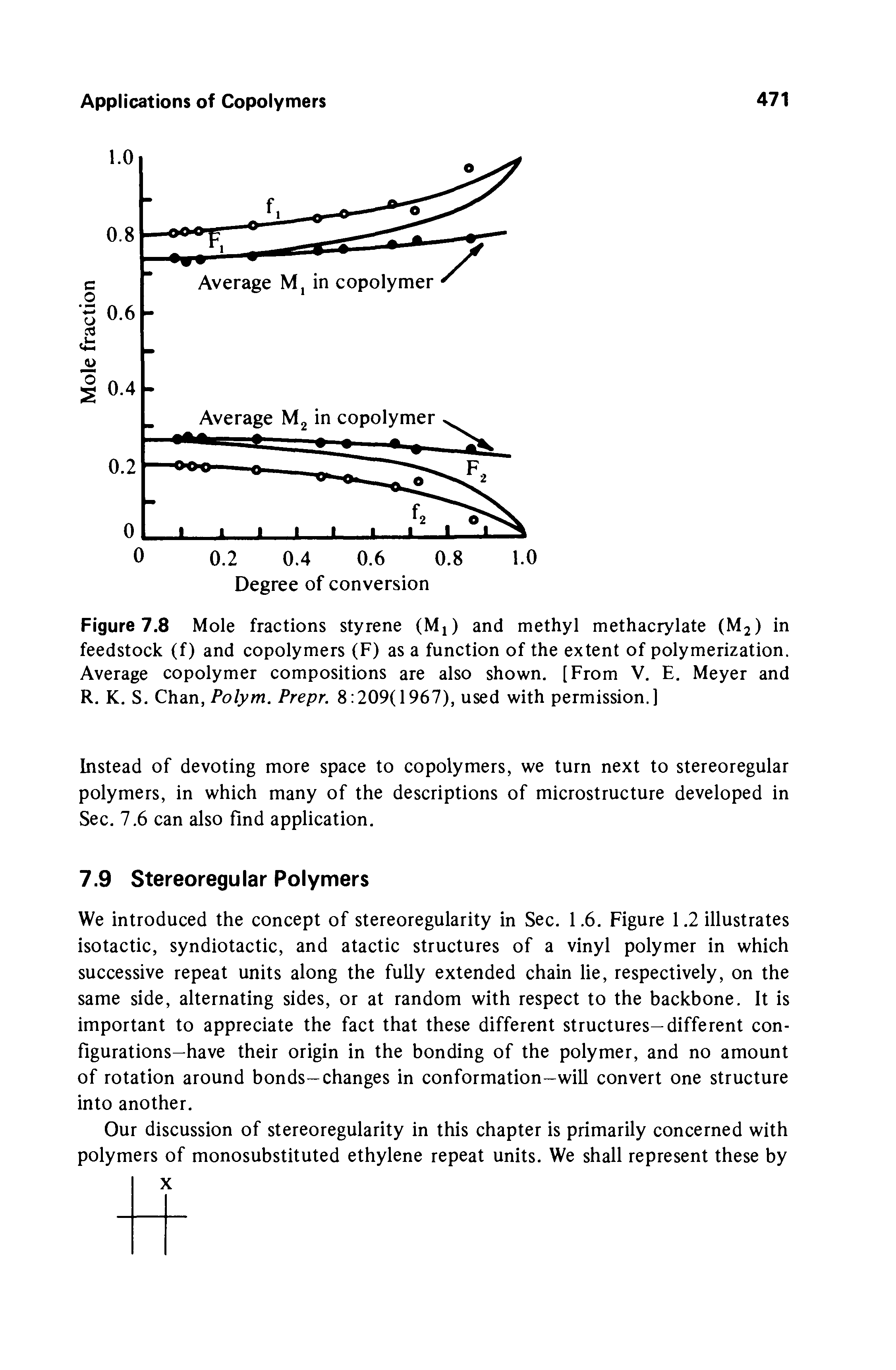 Figure 7.8 Mole fractions styrene (Mj) and methyl methacrylate (M2) in feedstock (f) and copolymers (F) as a function of the extent of polymerization. Average copolymer compositions are also shown. [From V. E. Meyer and R. K. S. Chan, Polym. Prepr. 8 209(1967), used with permission.]...