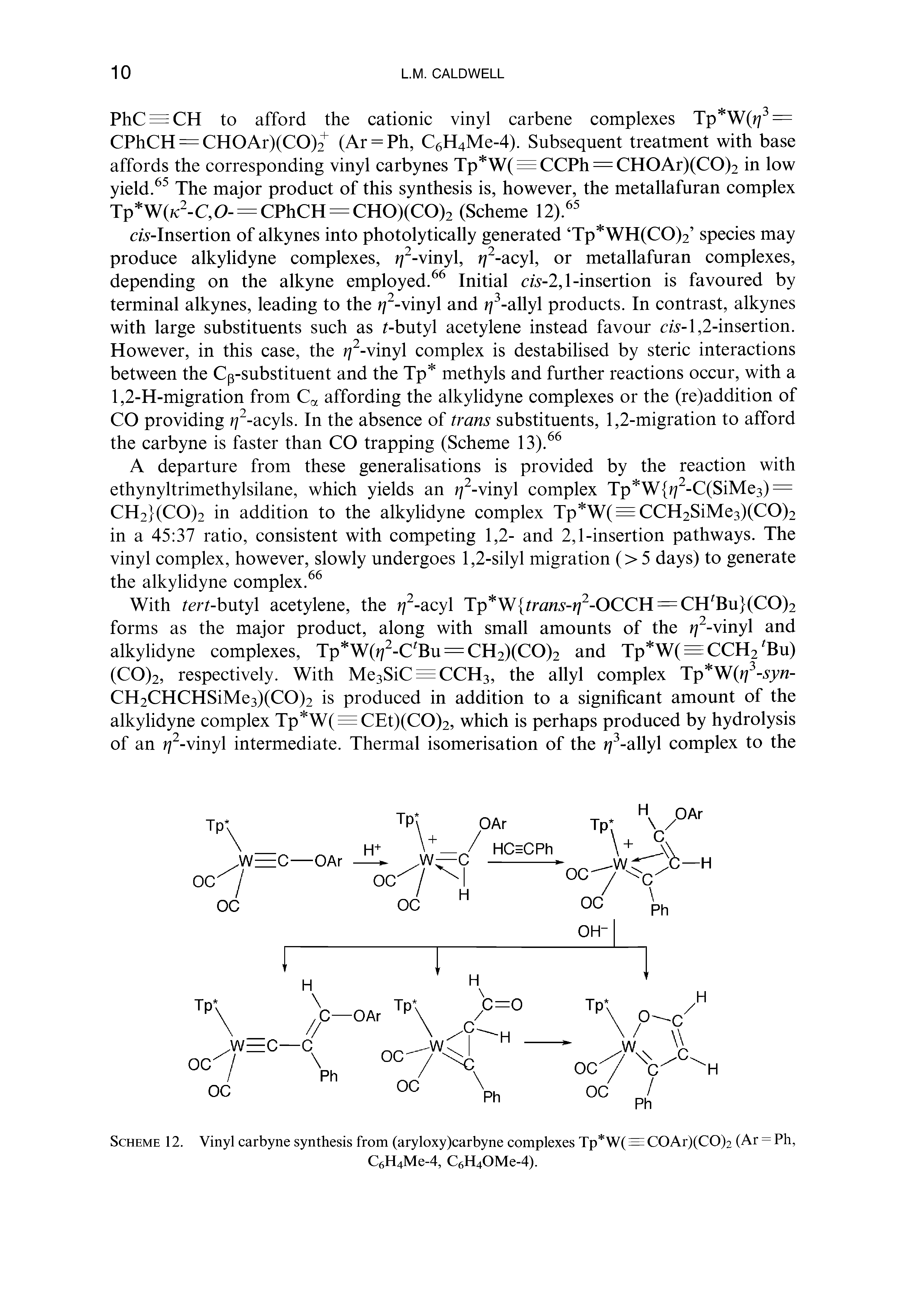 Scheme 12. Vinyl carbyne synthesis from (aryloxy)carbyne complexes Tp W(=COAr)(CO)2 (Ar - Ph,...
