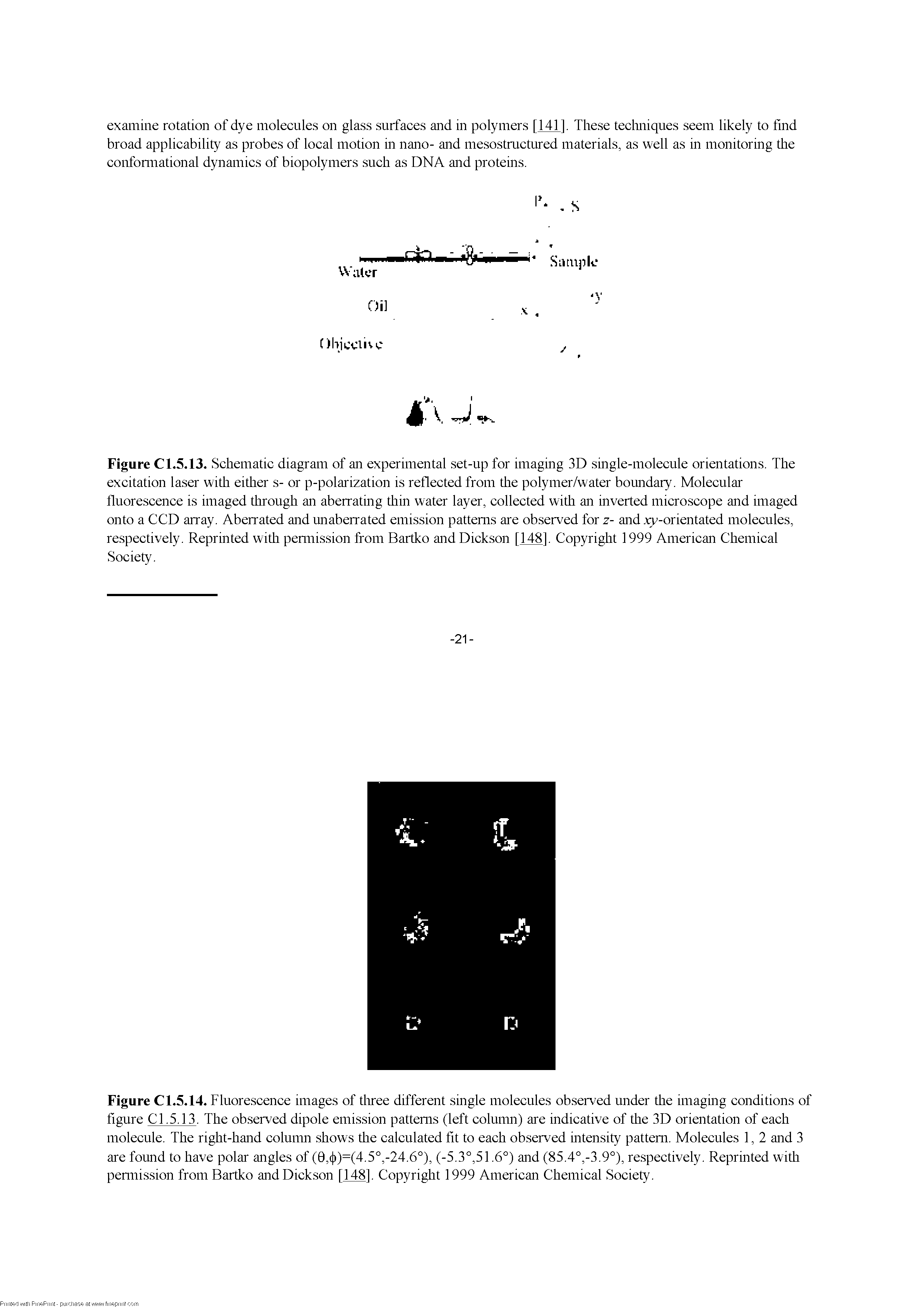 Figure C 1.5.13. Schematic diagram of an experimental set-up for imaging 3D single-molecule orientations. The excitation laser with either s- or p-polarization is reflected from the polymer/water boundary. Molecular fluorescence is imaged through an aberrating thin water layer, collected with an inverted microscope and imaged onto a CCD array. Aberrated and unaberrated emission patterns are observed for z- and xr-orientated molecules, respectively. Reprinted with pennission from Bartko and Dickson [148]. Copyright 1999 American Chemical Society.