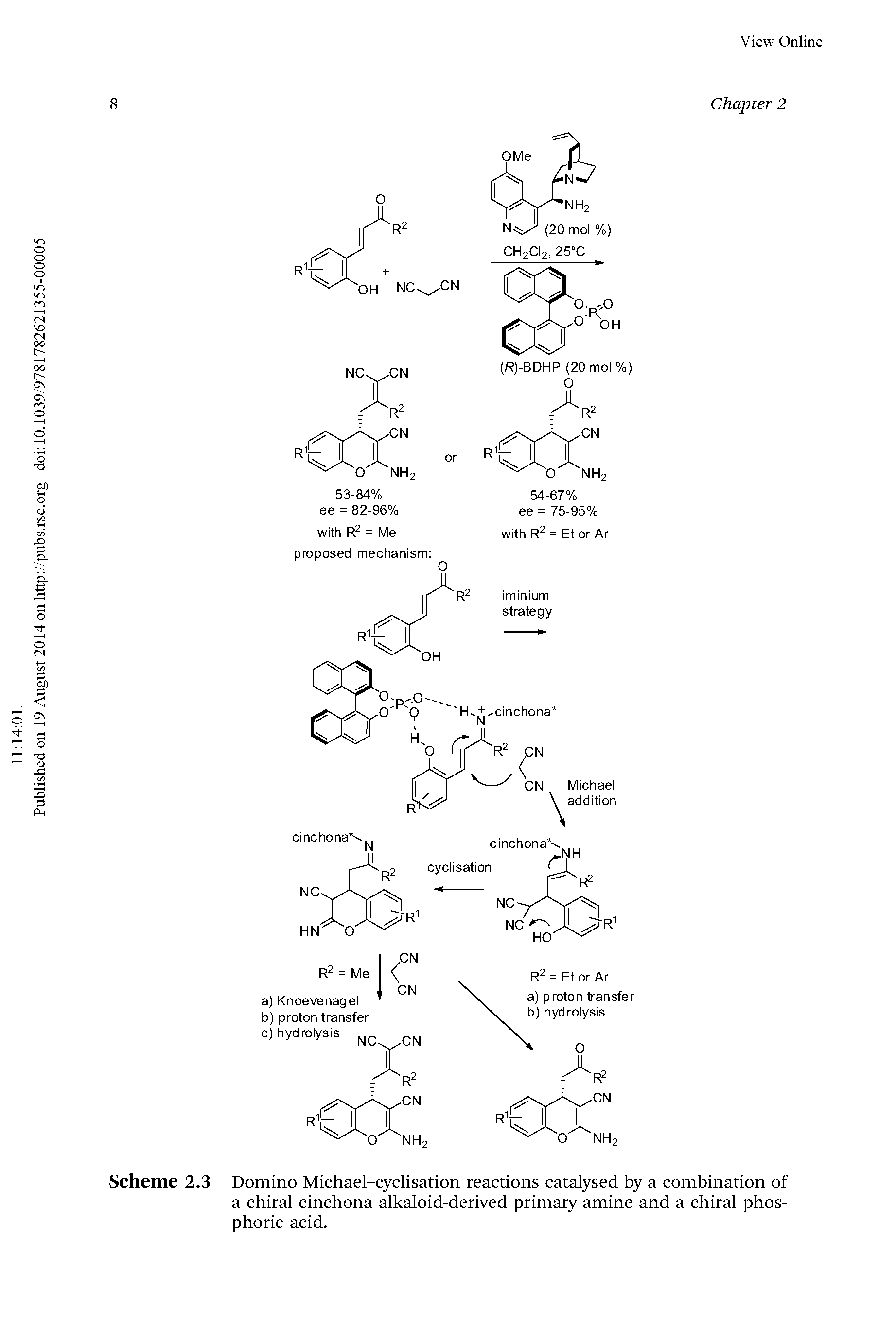 Scheme 2.3 Domino Michael-cyclisation reactions catalysed by a combination of a chiral cinchona alkaloid-derived primary amine and a chiral phosphoric acid.