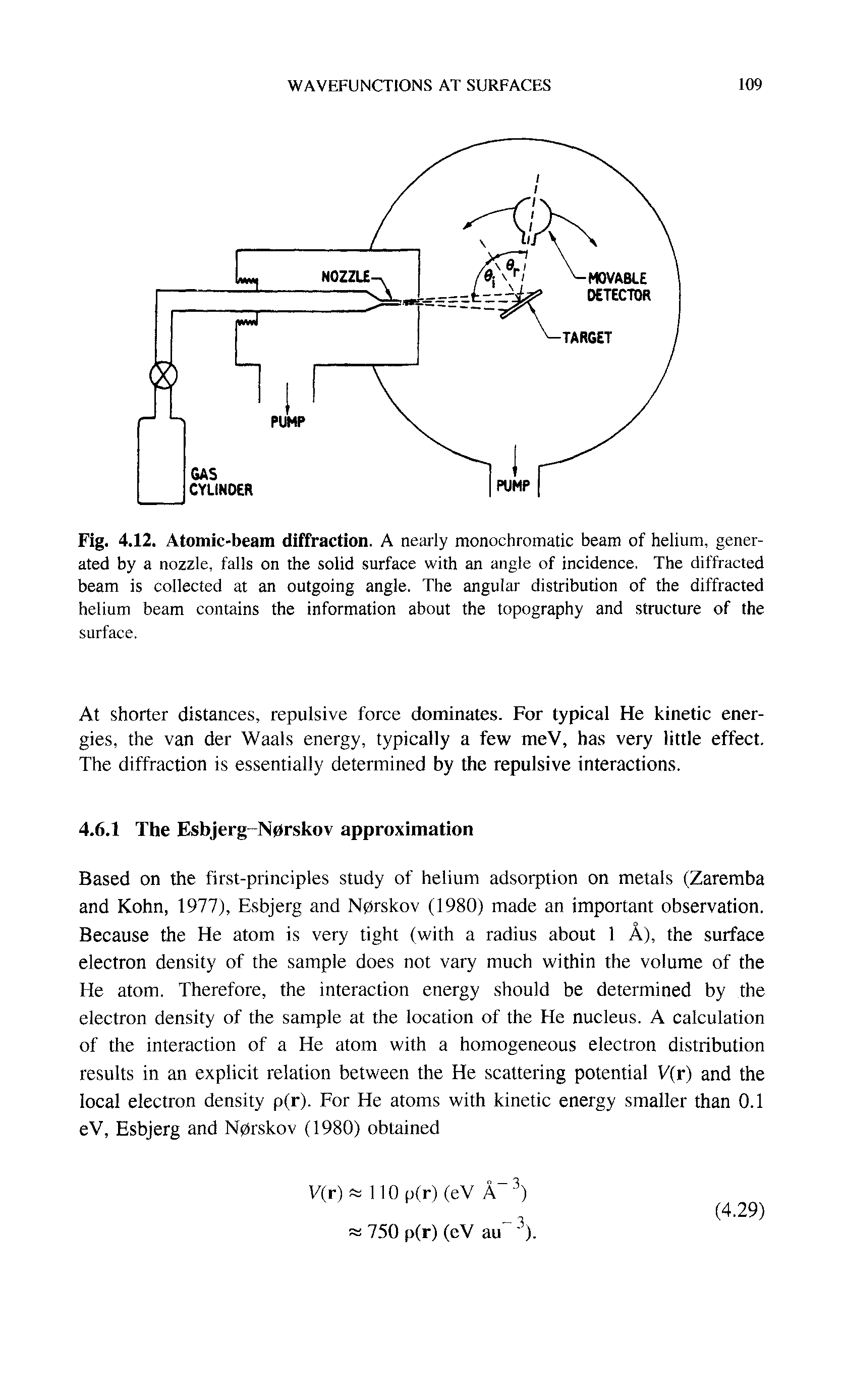 Fig. 4.12. Atomic-beam diffraction. A nearly monochromatic beam of helium, generated by a nozzle, falls on the solid surface with an angle of incidence. The diffracted beam is collected at an outgoing angle. The angular distribution of the diffracted helium beam contains the information about the topography and structure of the...