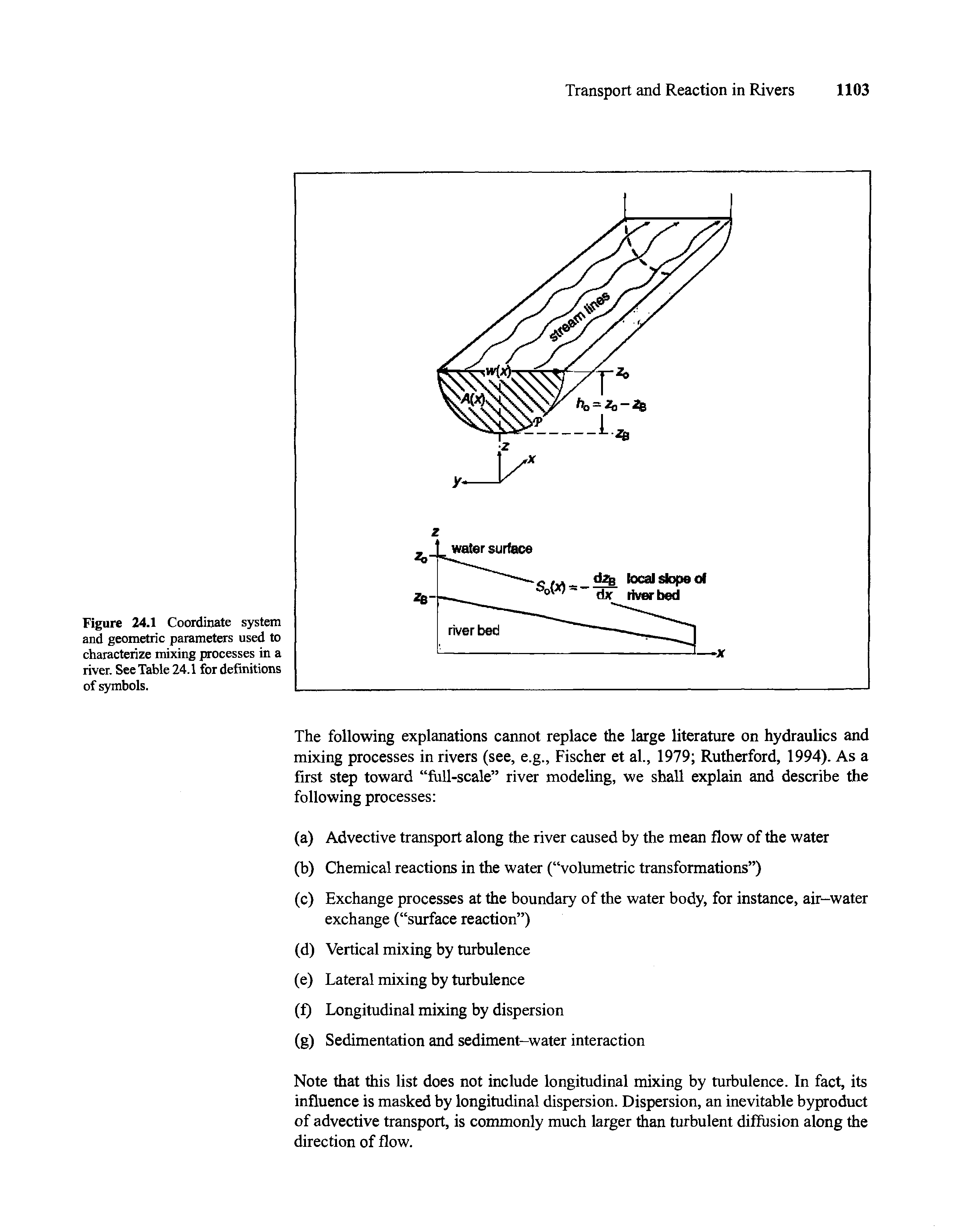 Figure 24.1 Coordinate system and geometric parameters used to characterize mixing processes in a river. See Table 24.1 for definitions of symbols.