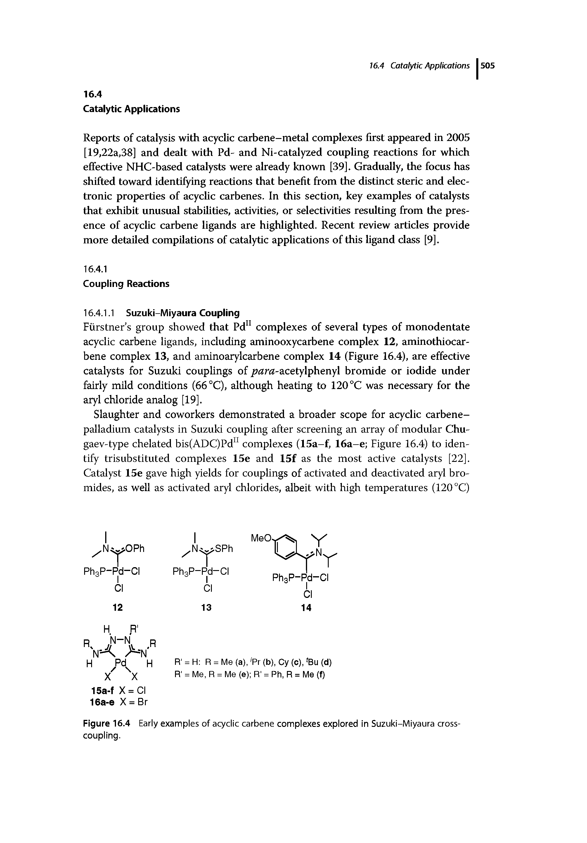 Figure 16.4 Early examples of acyclic carbene complexes explored In Suzuki-Miyaura crosscoupling.