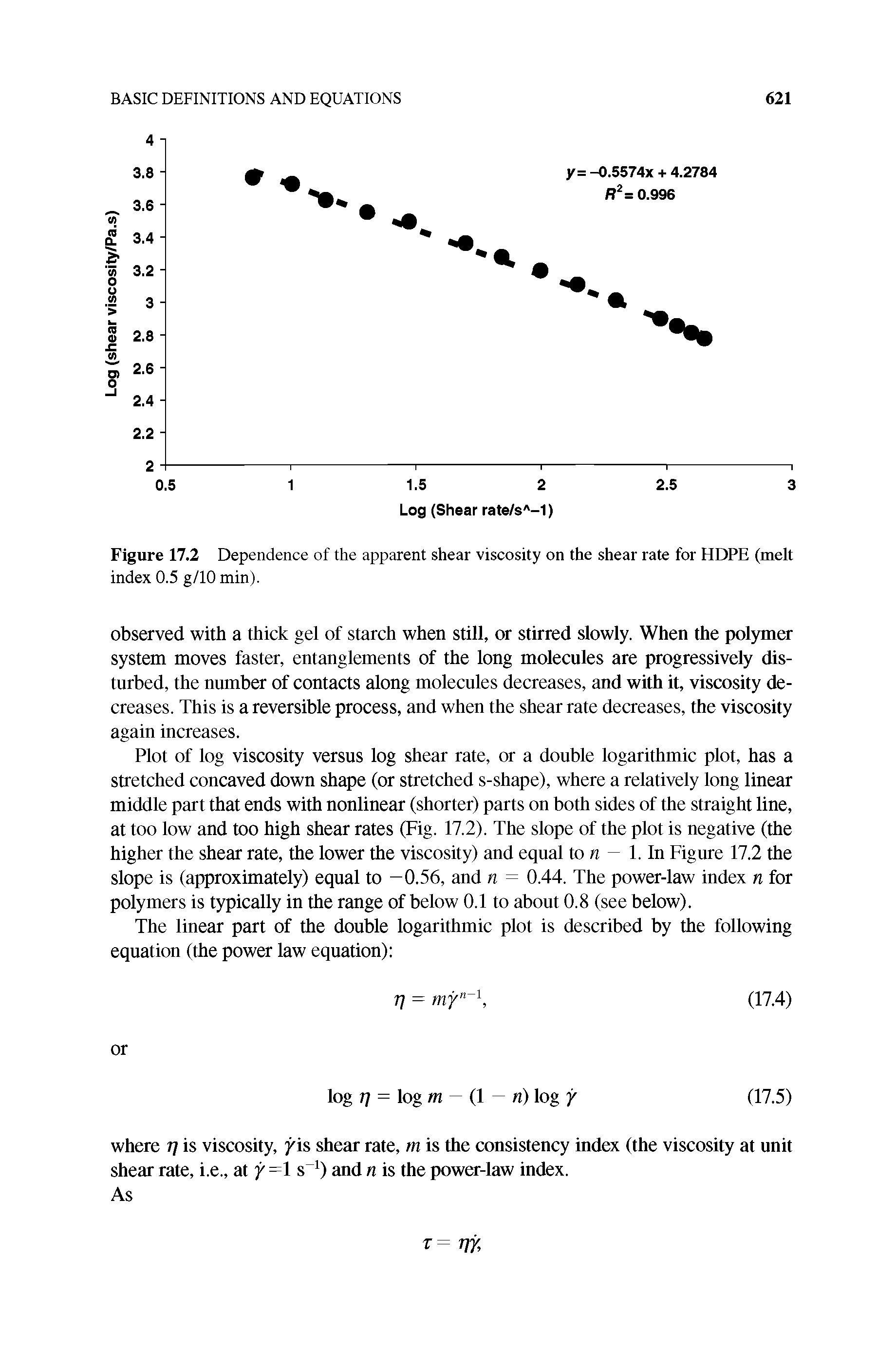 Figure 17.2 Dependence of the apparent shear viscosity on the shear rate for HDPE (melt index 0.5 g/10 min).