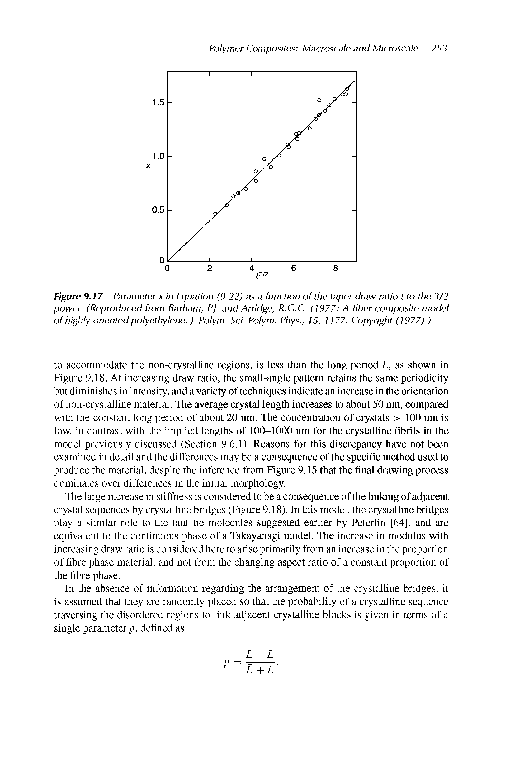 Figure 9.17 Parameter x in Equation (9.22) as a function of the taper draw ratio t to the 3/2 power. (Reproduced from Barham, P.j. and Arridge, R.C.C. (1977) A fiber composite model of highly oriented polyethylene. J. Polym. Sci. Polym. Phys., 15, 1177. Copyright (1977).)...