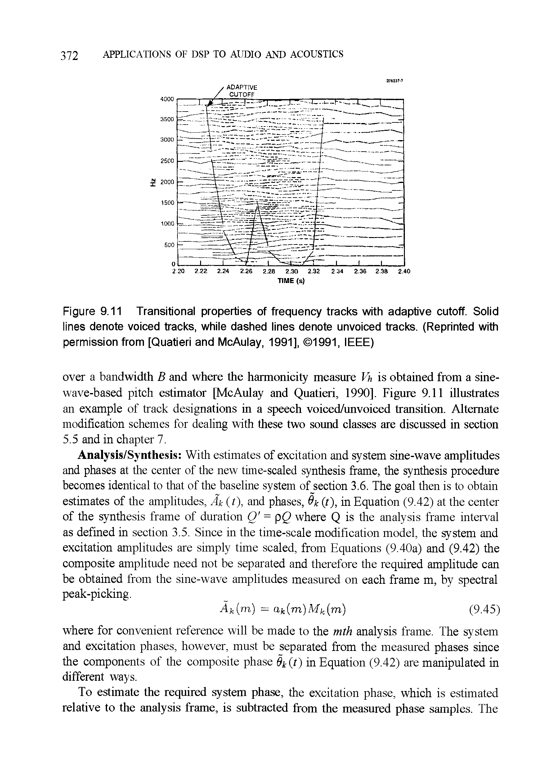 Figure 9.11 Transitional properties of frequency tracks with adaptive cutoff. Solid lines denote voiced tracks, while dashed lines denote unvoiced tracks. (Reprinted with permission from [Quatieri and McAulay, 1991], 1991, IEEE)...