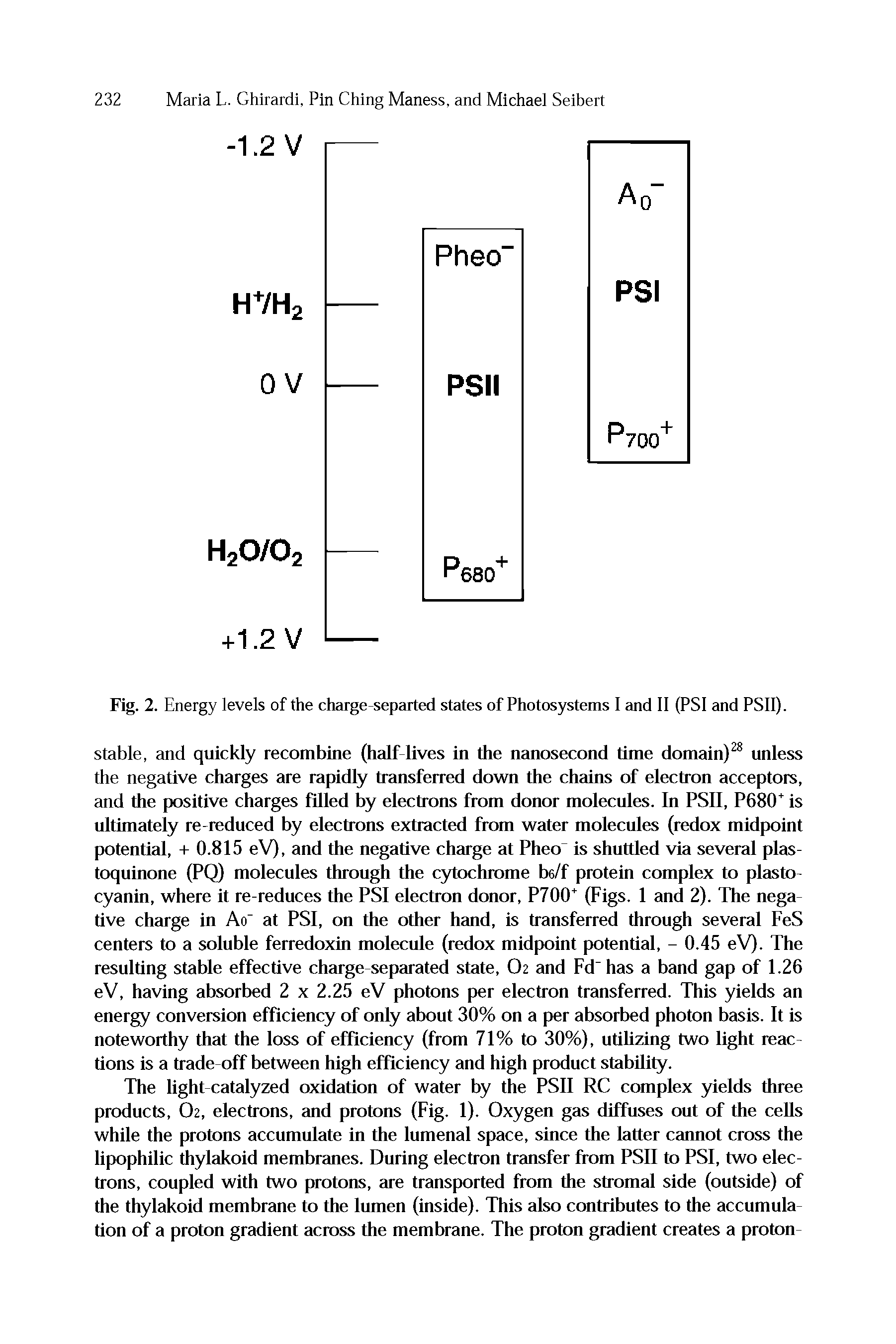 Fig. 2. Energy levels of the charge-separted states of Photosystems I and II (PSI and PSII).