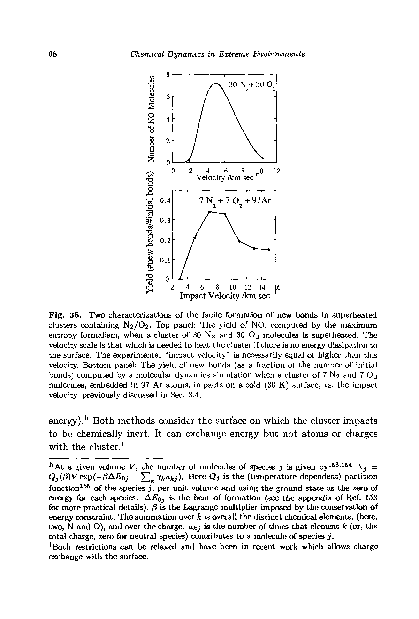 Fig. 35. Two characterizations of the facile formation of new bonds in superheated clusters containing N2/O2. Top panel The yield of NO, computed by the maximum entropy formalism, when a cluster of 30 N2 and 30 O2 molecules is superheated. The velocity scale is that which is needed to heat the cluster if there is no energy dissipation to the surface. The experimental impact velocity is necessarily equal or higher than this velocity. Bottom panel The yield of new bonds (as a fraction of the number of initial bonds) computed by a molecular dynamics simulation when a cluster of 7 N2 and 7 O2 molecules, embedded in 97 Ar atoms, impacts on a cold (30 K) surface, vs. the impact velocity, previously discussed in Sec. 3.4.