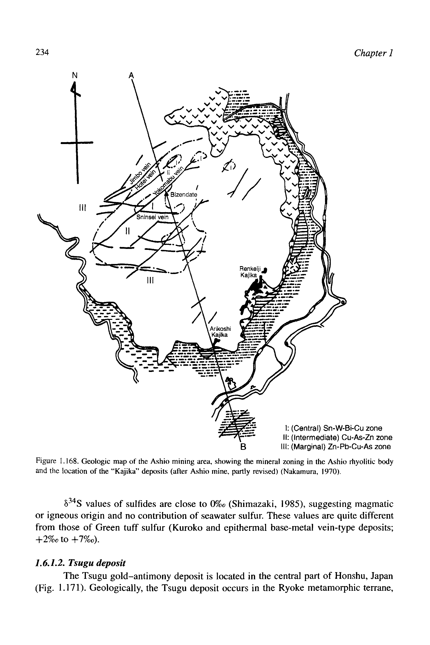 Figure 1.168. Geologic map of the Ashio mining area, showing the mineral zoning in the Ashio rhyolitic body and the location of the Kajika deposits (after Ashio mine, partly revised) (Nakamura, 1970).