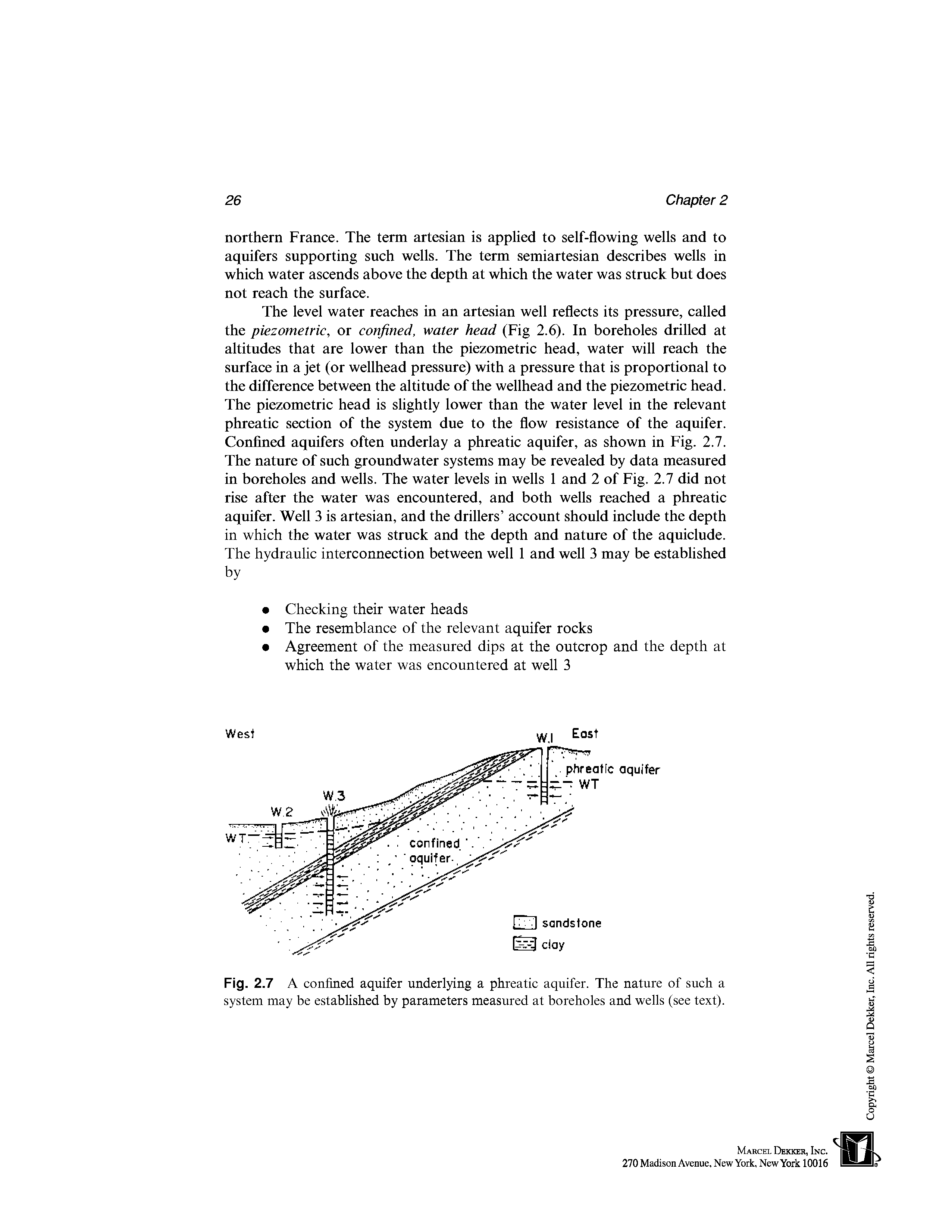 Fig. 2.7 A confined aquifer underlying a phreatic aquifer. The nature of such a system may be established by parameters measured at boreholes and wells (see text).