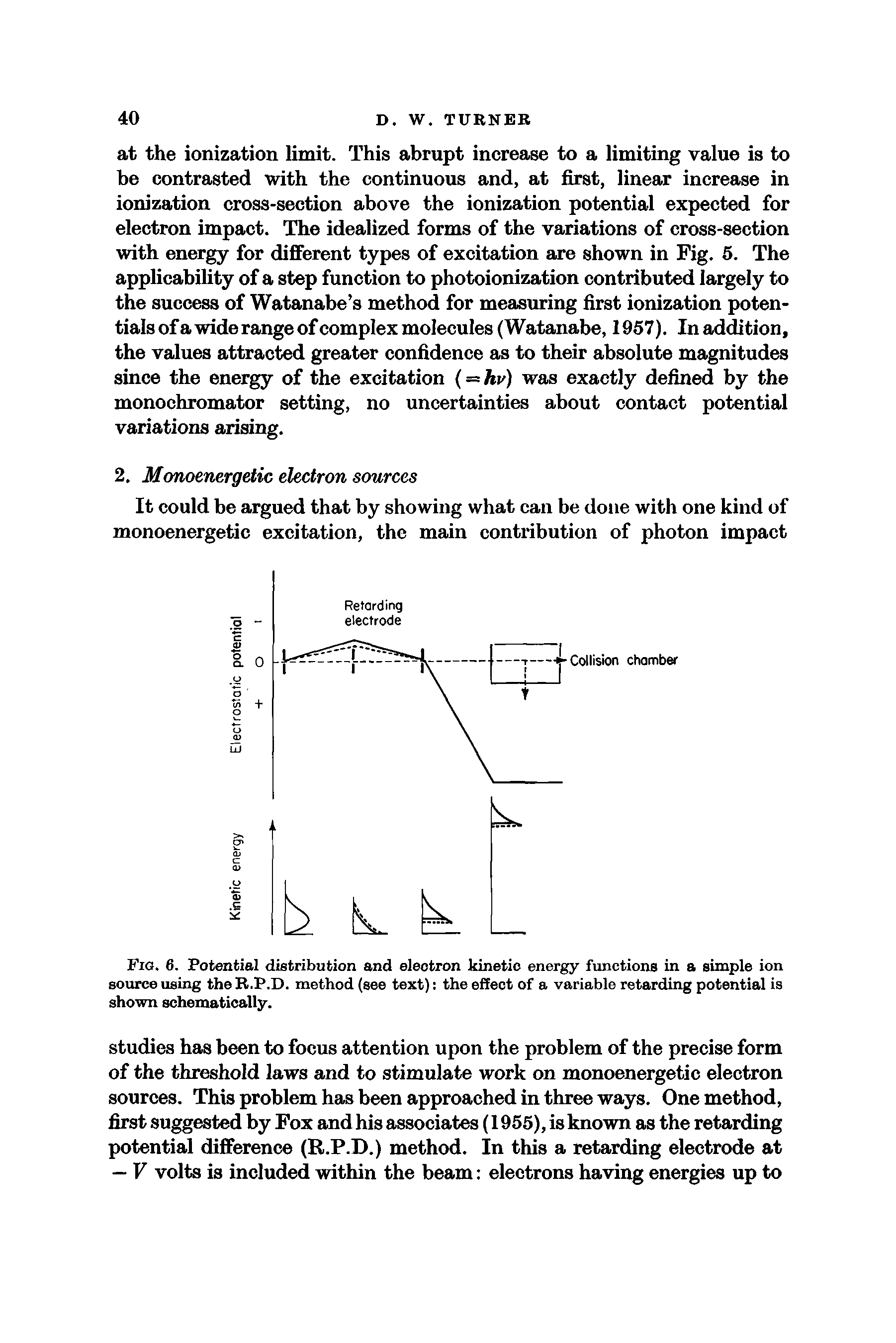 Fig. 6. Potential distribution and electron kinetic energy functions in a simple ion source using the R.P.D. method (see text) the effect of a variable retarding potential is shown schematically.