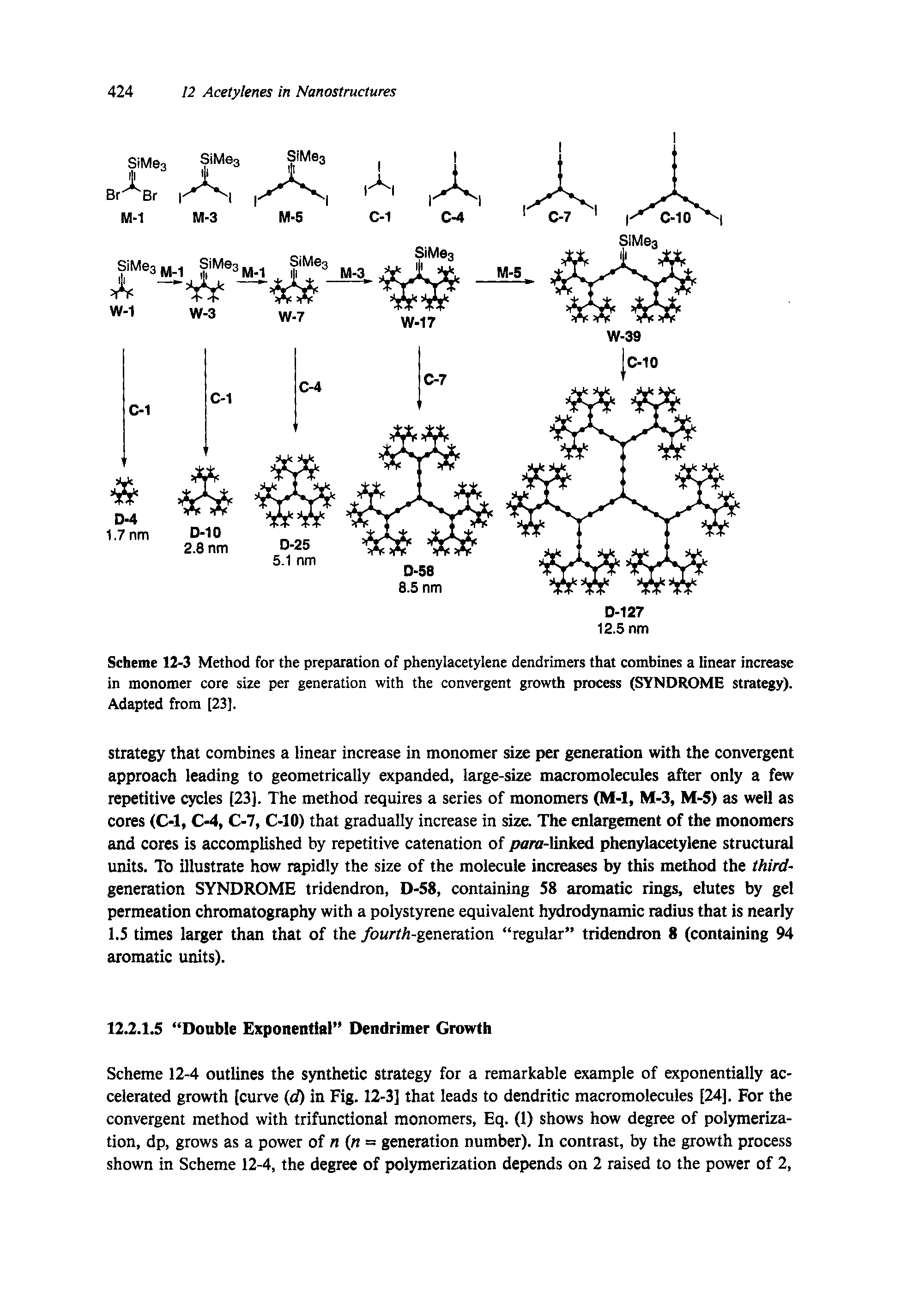 Scheme 12-3 Method for the preparation of phenylacetylene dendrimers that combines a linear increase in monomer core size per generation with the convergent growth process (SYNDROME strategy). Adapted from [23].