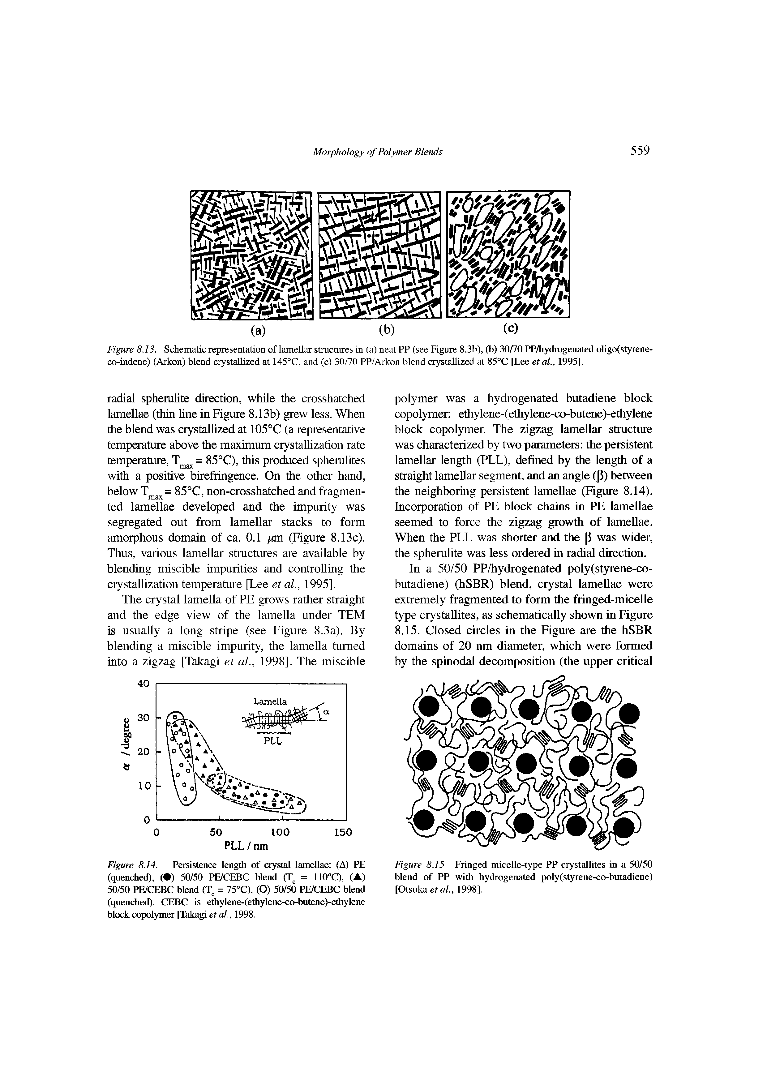 Figure 8.14. Persistence length of crystal lamellae (A) PE (quenched), ( ) 50/50 PE/CEBC blend (T = 110°C), (A) 50/50 PE/CEBC blend (T = 75X), (O) 50/50 PE/CEBC blend (quenched). CEBC is ethylene-(ethylene-co-butene)-ethylene block copolymer [Takagi et al., 1998.