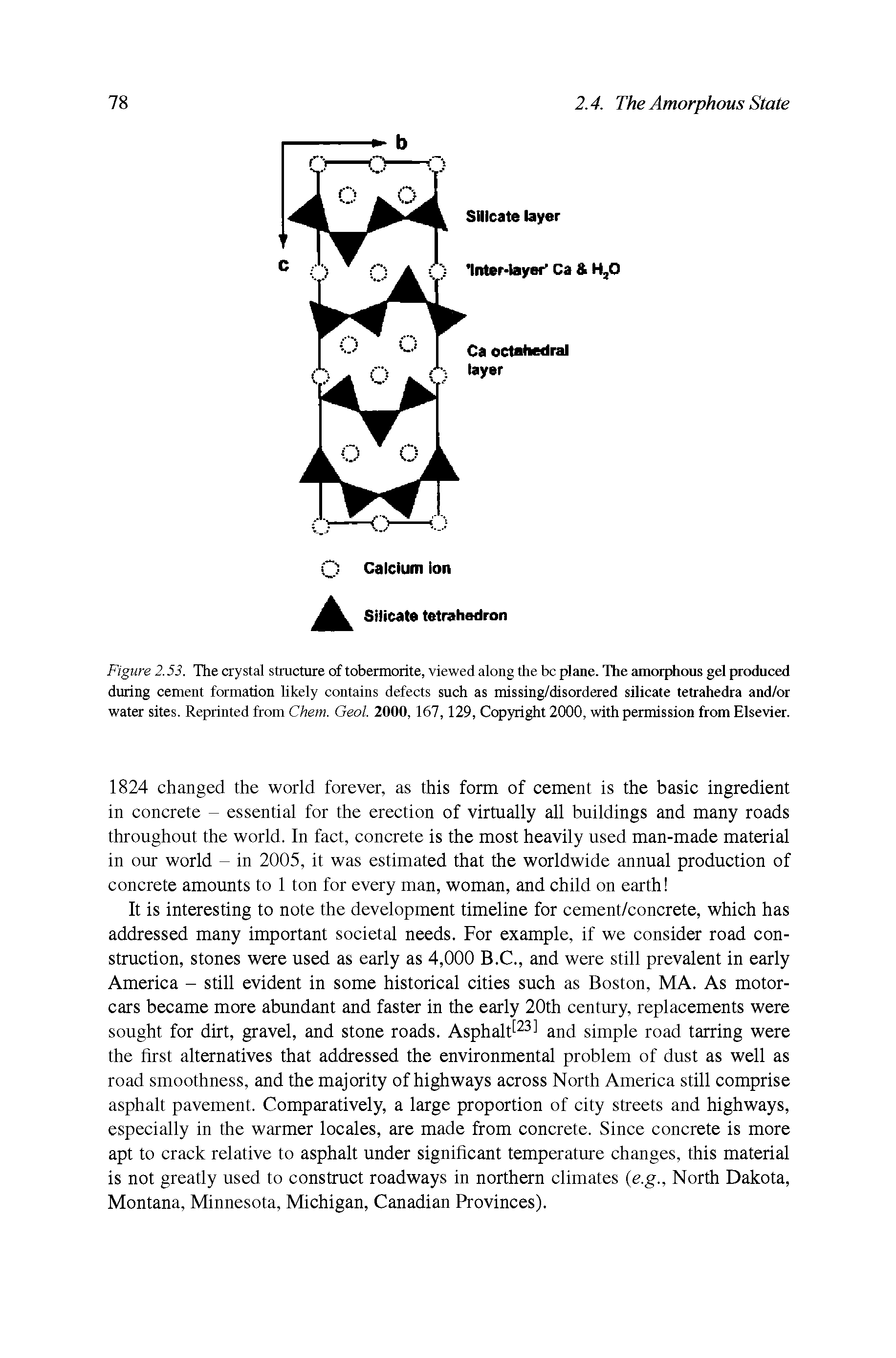 Figure 2.53. The crystal structure of tobermorite, viewed along the be plane. The amorphous gel produced during cement formation likely contains defects such as missing/disordered silicate tetrahedra and/or water sites. Reprinted from Chem. Geol. 2000, 167,129, Copyright 2000, with permission from Elsevier.