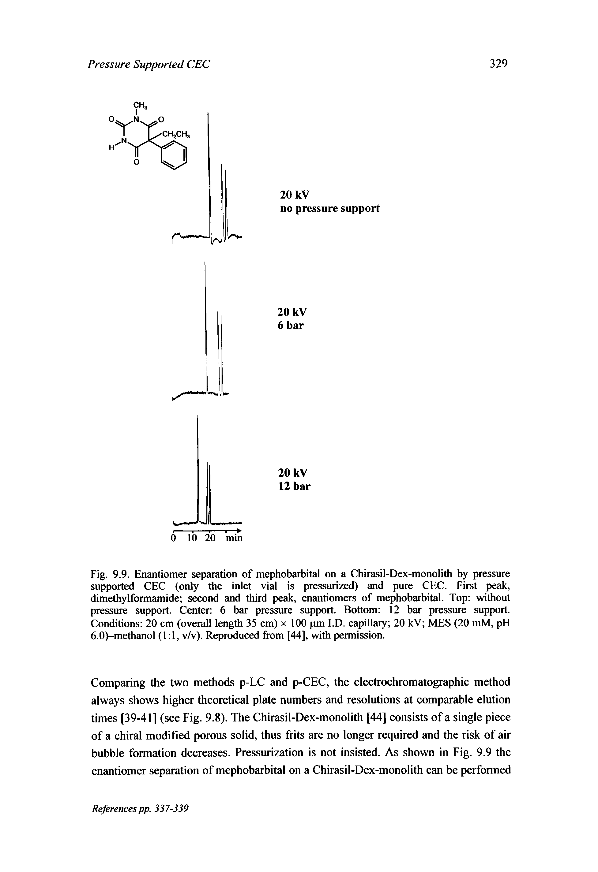 Fig. 9.9. Enantiomer separation of mephobarbital on a Chirasil-Dex-monolith by pressure supported CEC (only the inlet vial is pressurized) and pure CEC. First peak, dimethylformamide second and third peak, enantiomers of mephobarbital. Top without pressure support. Center 6 bar pressure support. Bottom 12 bar pressure support. Conditions 20 cm (overall length 35 cm) x 100 pm I.D. capillary 20 kV MES (20 mM, pH 6.0)-methanol (1 1, v/v). Reproduced from [44], with permission.
