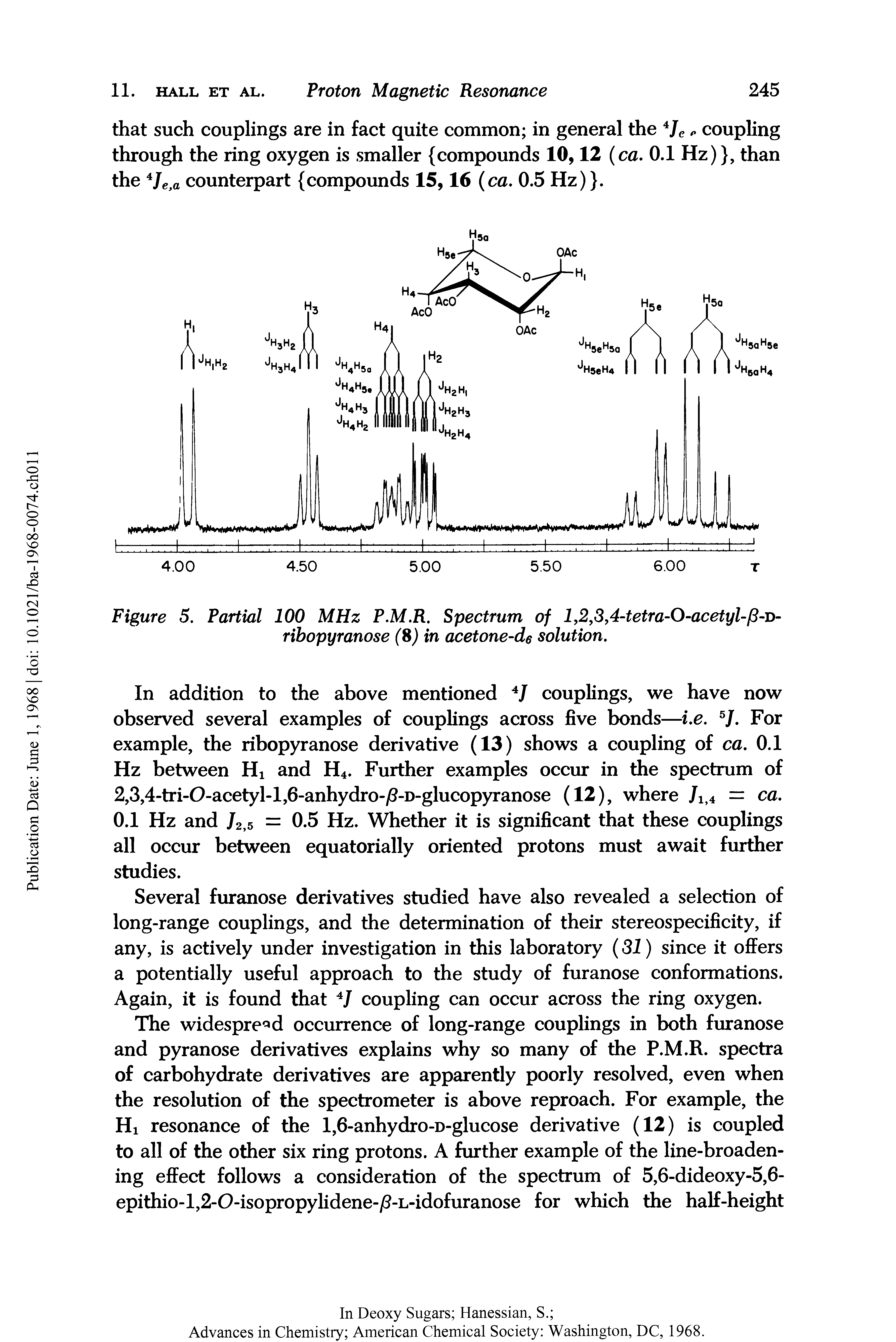 Figure 5. Partial 100 MHz P.M.R. Spectrum of l,2,3,4-tetra-0-acetyl-f3-i>-ribopyranose (8) in acetone-d6 solution.