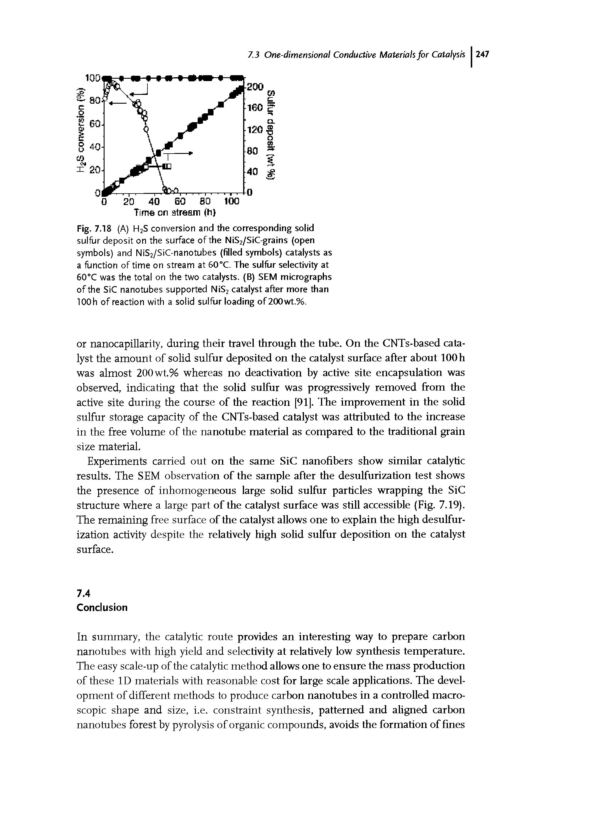 Fig. 7.18 (A) H2S conversion and the corresponding solid sulfur deposit on the surface of the NiS2/SiC-grains (open symbols) and NiS2/SiC-nanotubes (filled symbols) catalysts as a function of time on stream at 60°C. The sulfur selectivity at 60°C was the total on the two catalysts. (B) SEM micrographs of the SiC nanotubes supported NiS2 catalyst after more than lOOh of reaction with a solid sulfur loading of200wt.%.