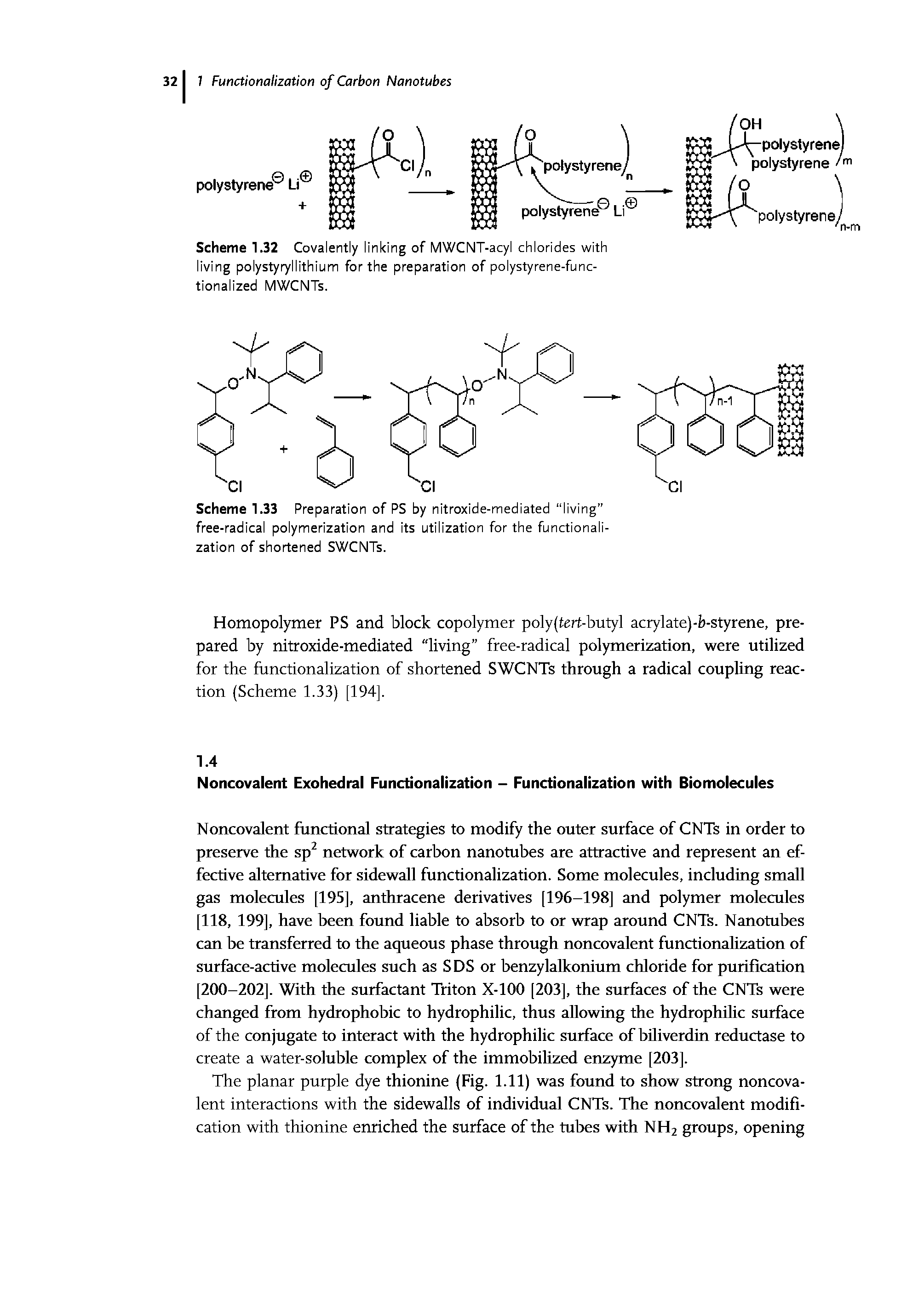 Scheme 1.33 Preparation of PS by nitroxide-mediated living free-radical polymerization and its utilization for the functionalization of shortened SWCNTs.