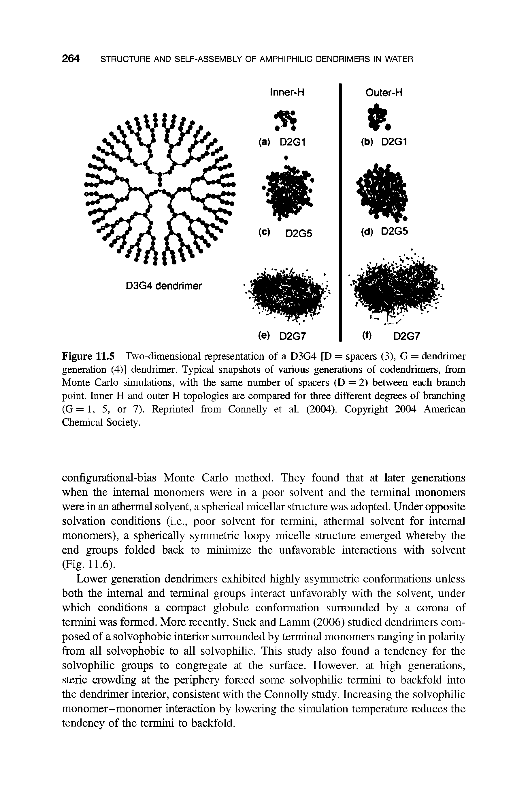 Figure 11.5 Two-dimensional representation of a D3G4 [D = spacers (3), G = dendrimer generation (4)] dendrimer. Typical snapshots of various generations of codendrimers, from Monte Carlo simulations, with the same number of spacers (D = 2) between each branch point. Inner H and outer H topologies are compared for three different degrees of branching (G=l, 5, or 7). Reprinted from Connelly et al. (2004). Copyright 2004 American Chemical Society.
