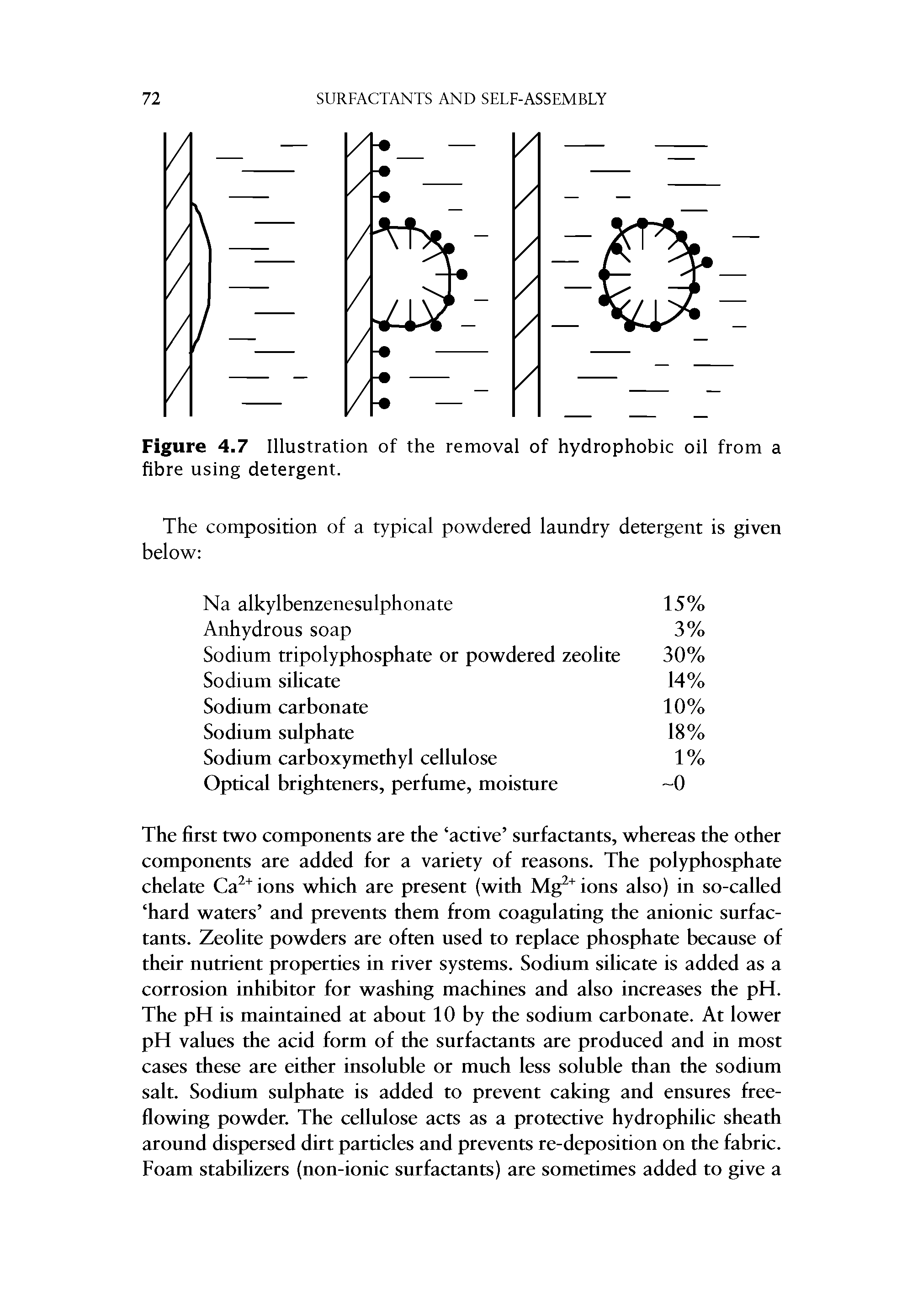 Figure 4.7 Illustration of the removal of hydrophobic oil from a fibre using detergent.