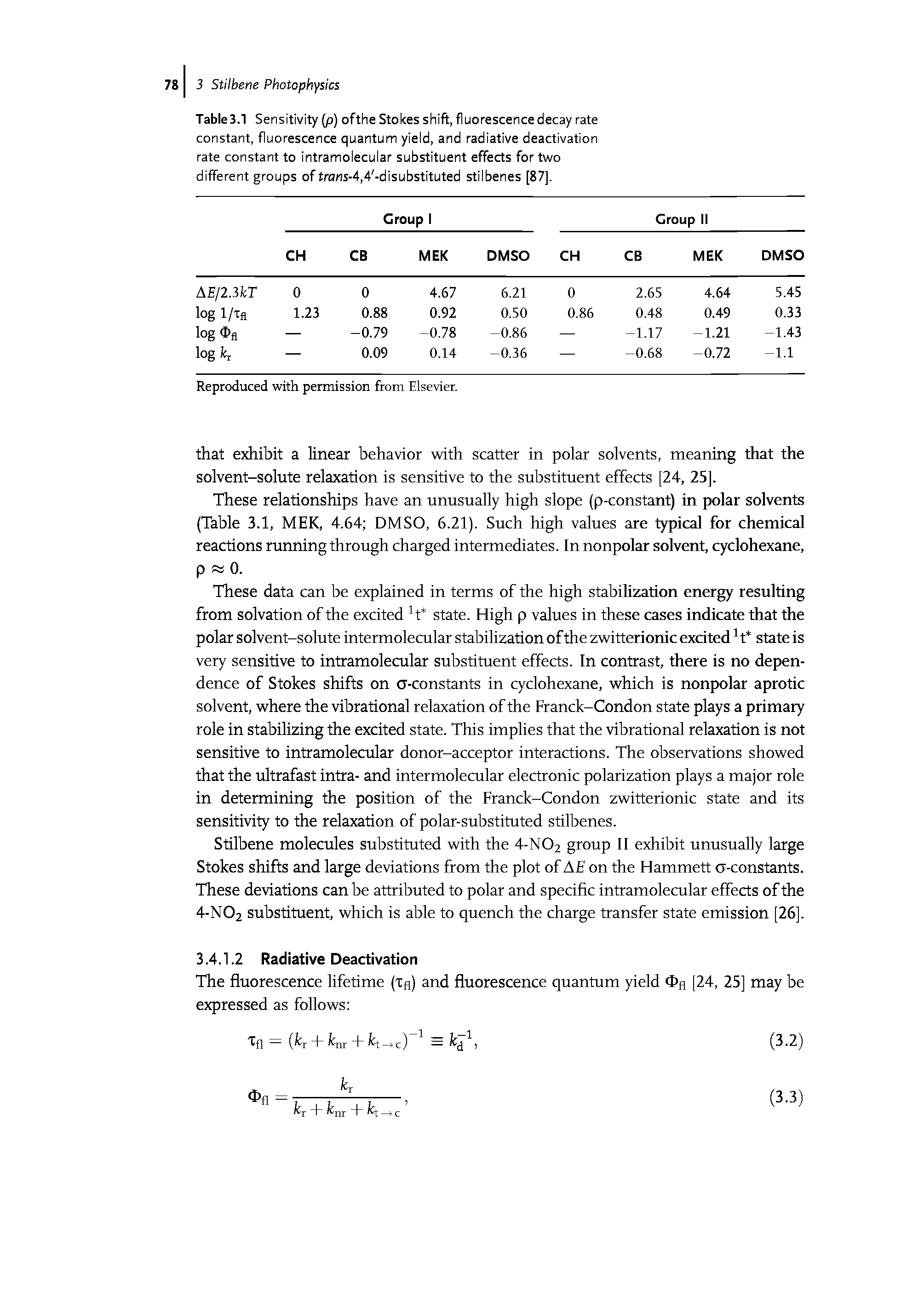 Table3.1 Sensitivity p) ofthe Stokes shift, fluorescence decay rate constant, fluorescence quantum yield, and radiative deactivation rate constant to intramolecular substituent effects for two different groups of trans-4,4 -disubstituted stilbenes [87].