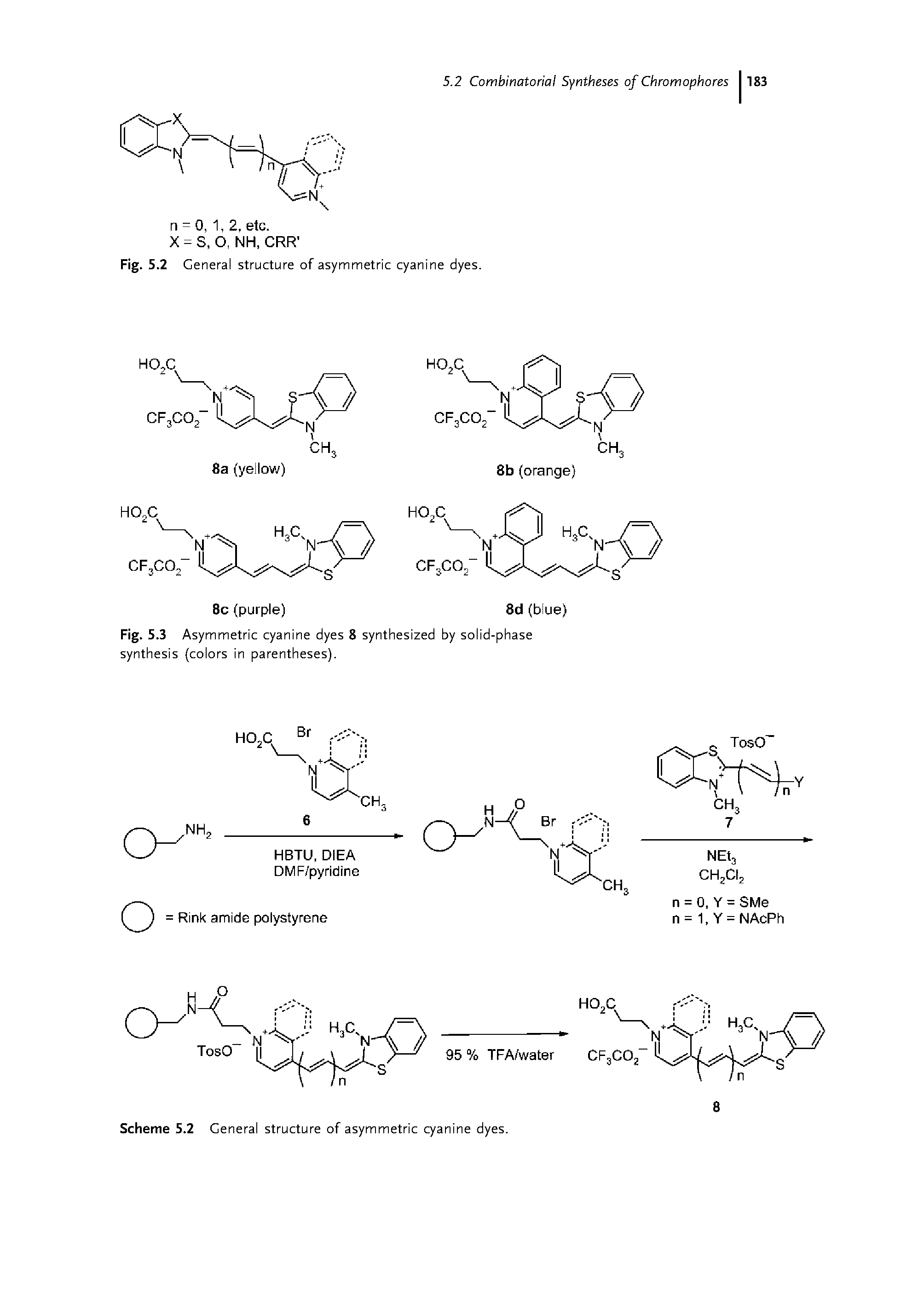 Fig. 5.3 Asymmetric cyanine dyes 8 synthesized by solid-phase synthesis (colors in parentheses).
