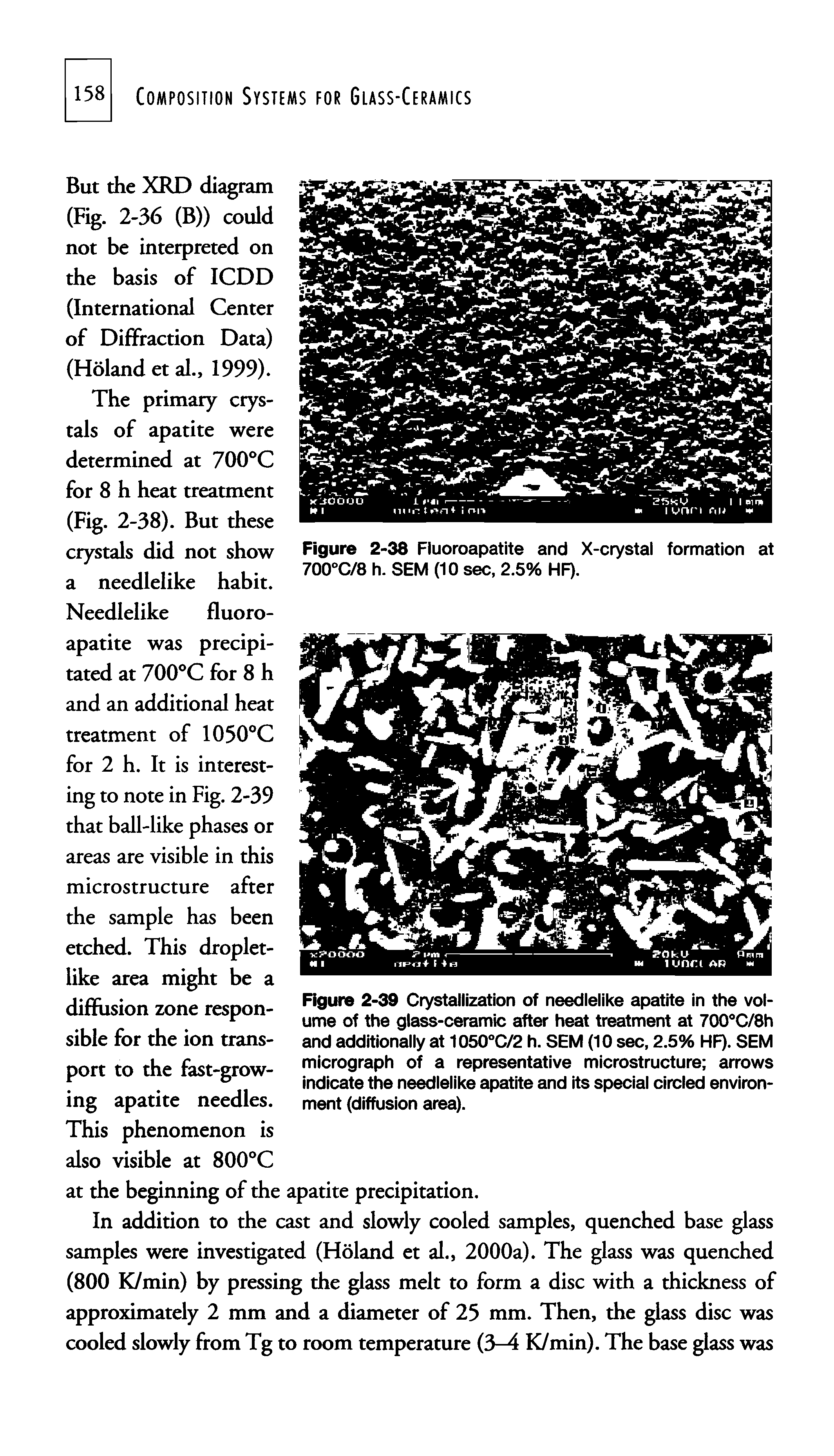 Figure 2-38 Crystallization of needlelike apatite in the volume of the glass-ceramic after heat treatment at 700 C/8h aixl additionally at 1050°C h. SEM (10 sec, 2.5% HF). SEM micrograph of a representative microstructure arrows indicate the needlelike apatite and its special circled environment (diffusion area).