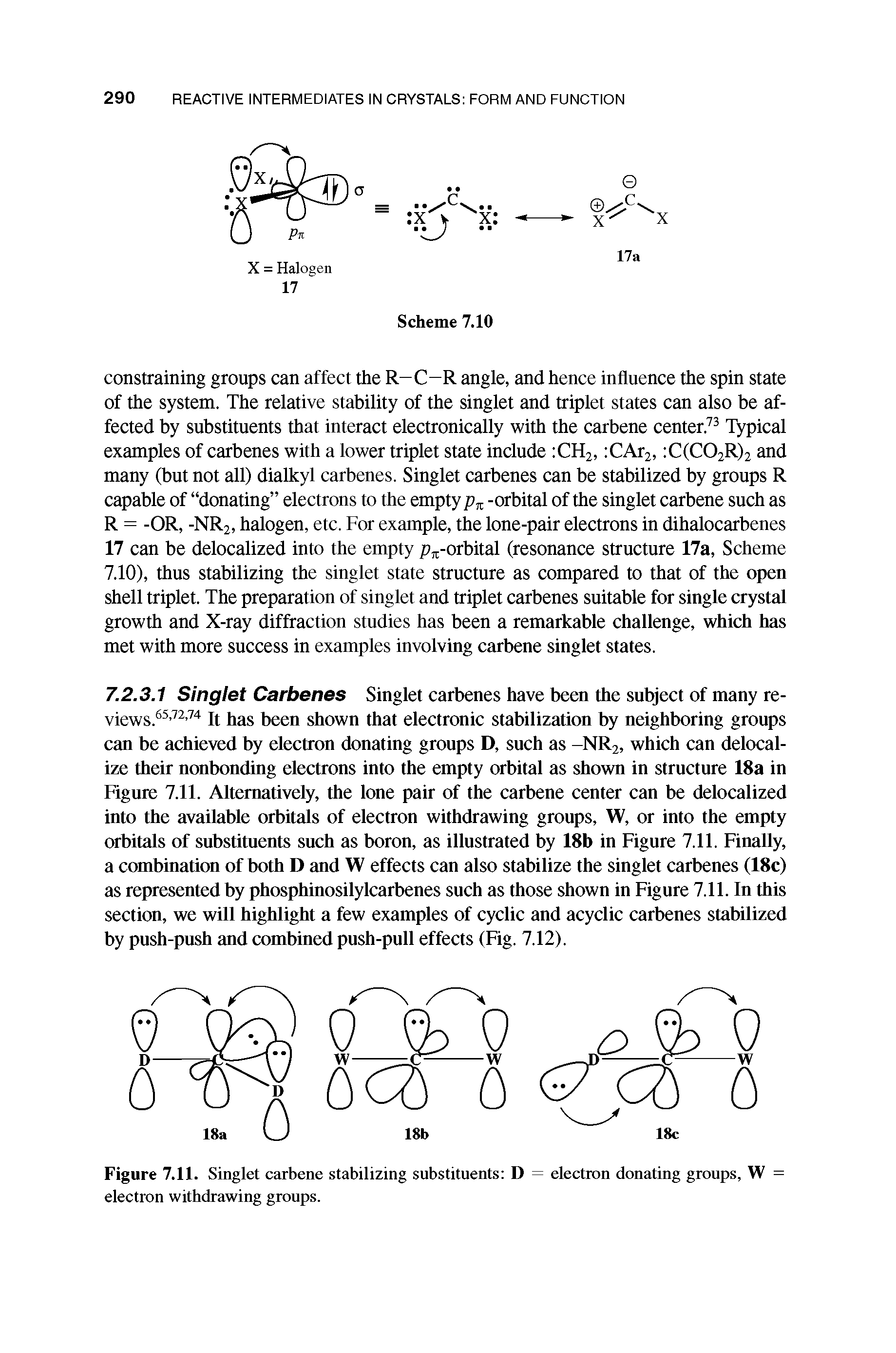 Figure 7.11. Singlet carbene stabilizing substituents D = electron donating groups, W electron withdrawing groups.