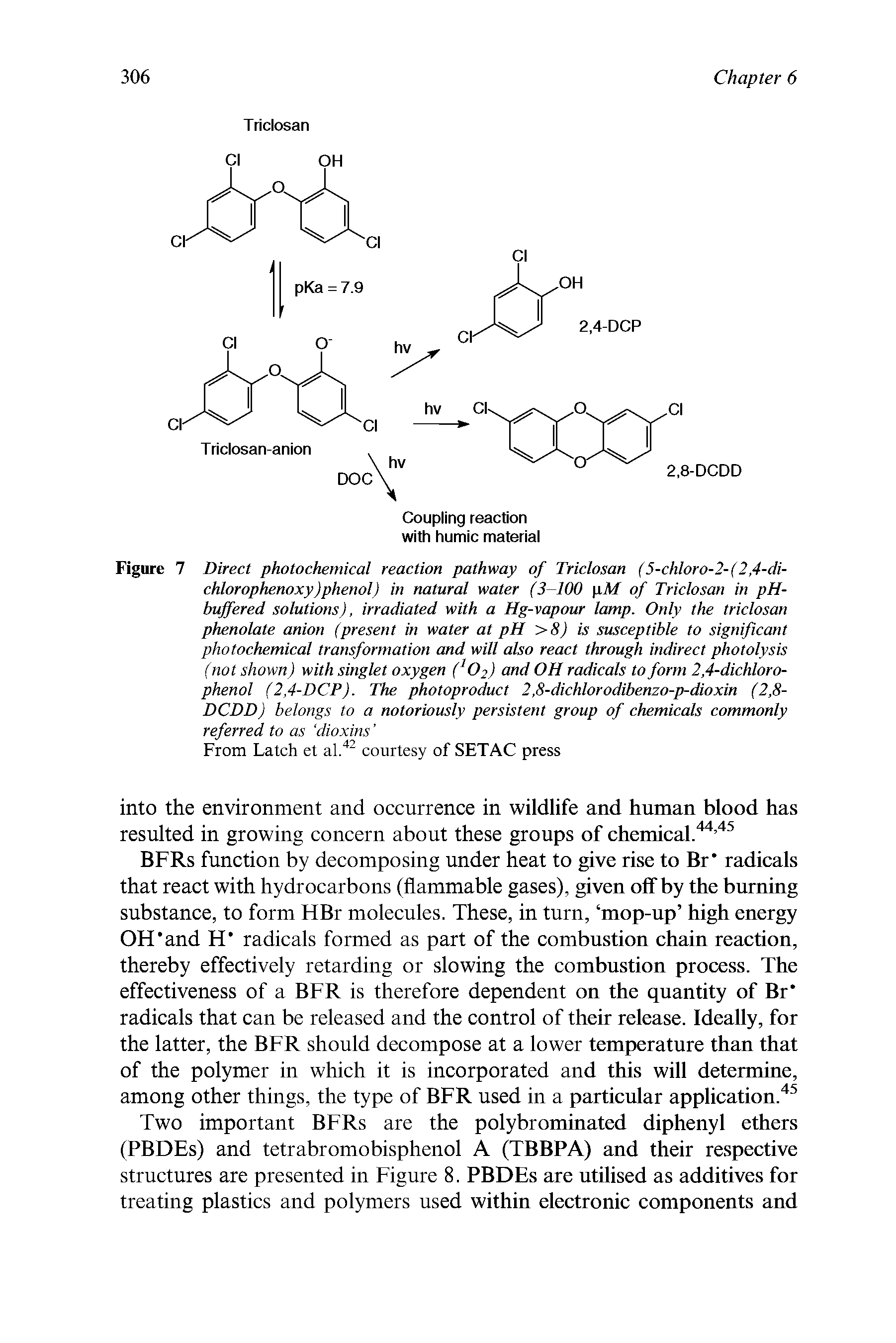 Figure 7 Direct photochemical reaction pathway of Triclosan (5-chloro-2-(2,4-di-chlorophenoxy)phenol) in natural water (3-100 iM of Triclosan in pH-bujfered solutions), irradiated with a Hg-vapour lamp. Only the triclosan phenolate anion (present in water at pH >8) is susceptible to significant photochemical transformation and will also react through indirect photolysis (not shown) with singlet oxygen ( O2) and OH radicals to form 2,4-dichloro-phenol (2,4-DCP). The photoproduct 2,8-dichlorodibenzo-p-dioxin (2,8-DCDD) belongs to a notoriously persistent group of chemicals commonly referred to as dioxins ...