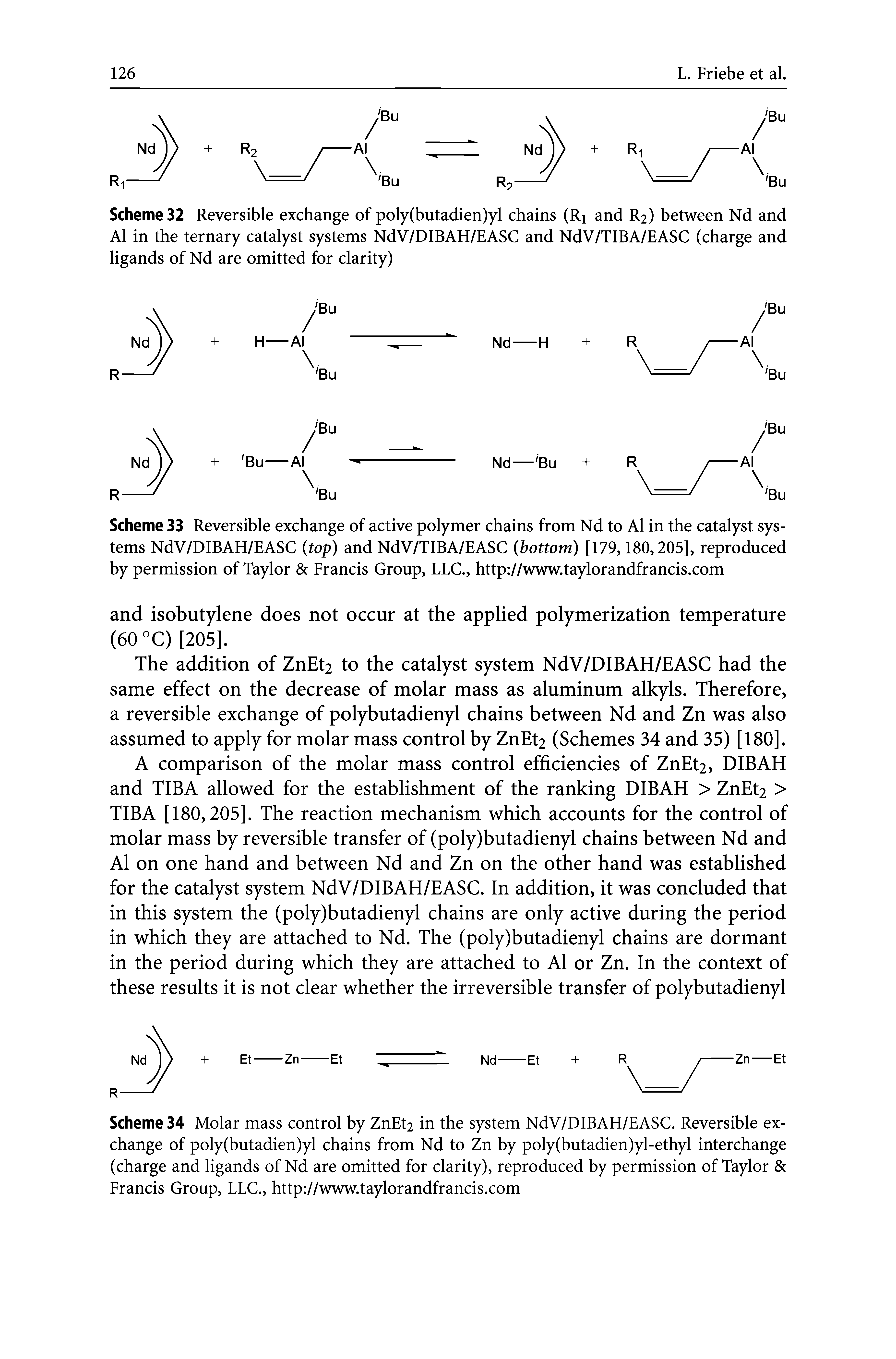 Scheme 34 Molar mass control by ZnEt2 in the system NdV/DIBAH/EASC. Reversible exchange of poly(butadien)yl chains from Nd to Zn by poly(butadien)yl-ethyl interchange (charge and ligands of Nd are omitted for clarity), reproduced by permission of Taylor Francis Group, LLC., http //www.taylorandfrancis.com...