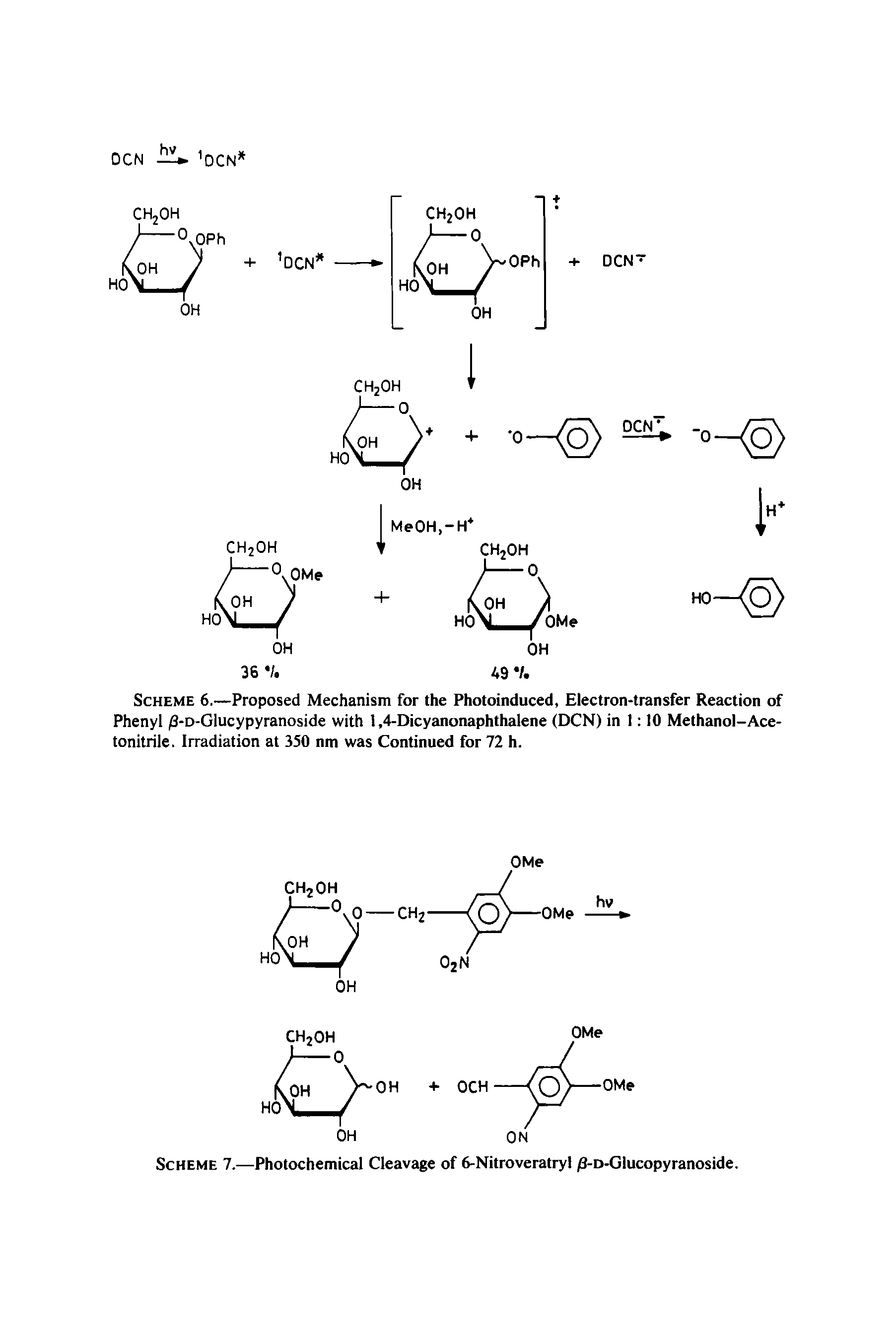 Scheme 6.—Proposed Mechanism for the Photoinduced, Electron-transfer Reaction of Phenyl /3-D-Glucypyranoside with 1,4-Dicyanonaphthalene (DCN) in 1 10 Methanol-Acetonitrile. Irradiation at 350 nm was Continued for 72 h.