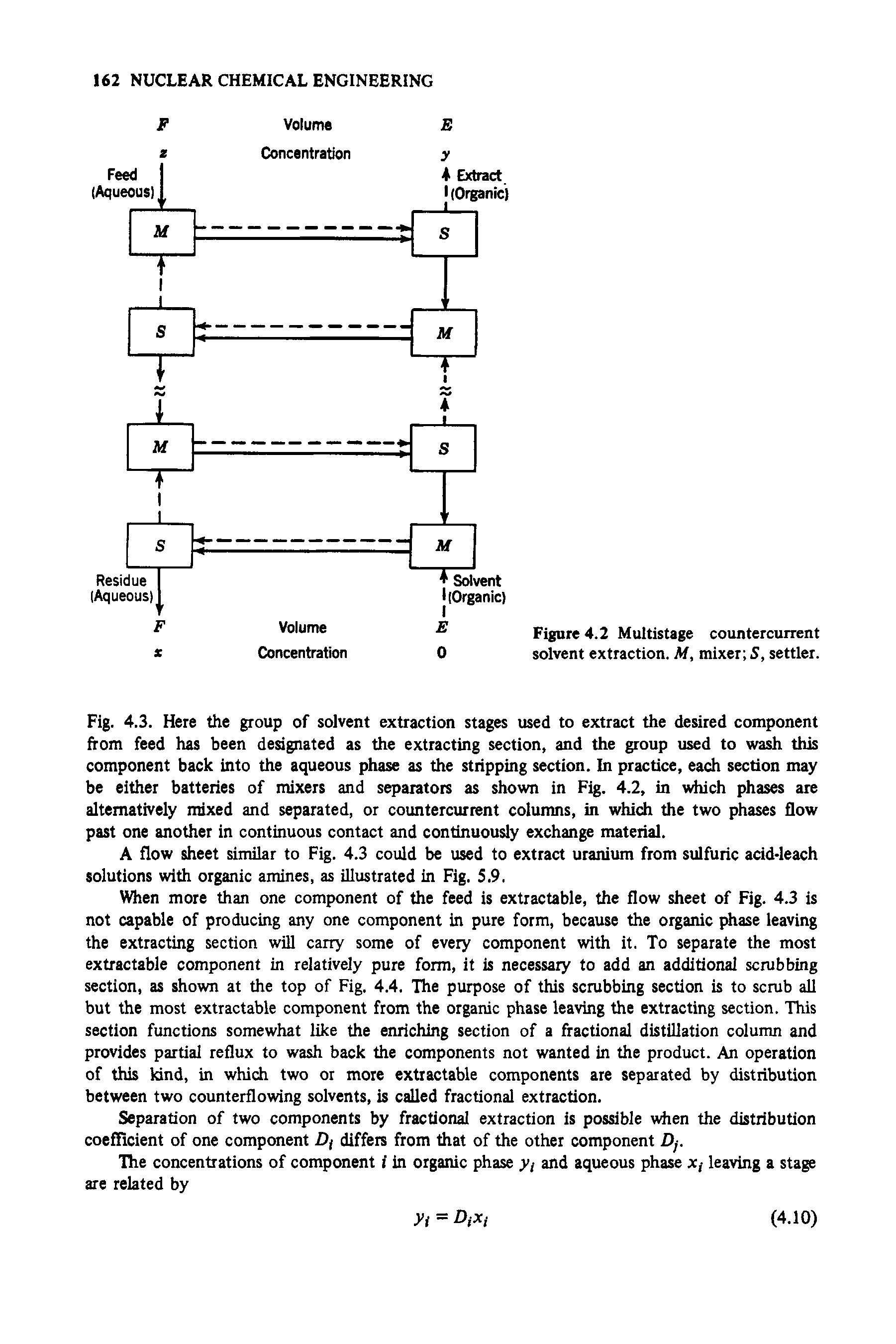 Fig. 4.3. Here the group of solvent extraction stages used to extract the desired component from feed has been designated as the extracting section, and the group tised to wash this component back into the aqueous phase as the stripping section. In practice, each section may be either batteries of mixers and separators as shown in Fig. 4.2, in wdiich phases are alternatively mixed and separated, or countercurrent columns, in which the two phases flow past one another in continuous contact and continuously exchange material.