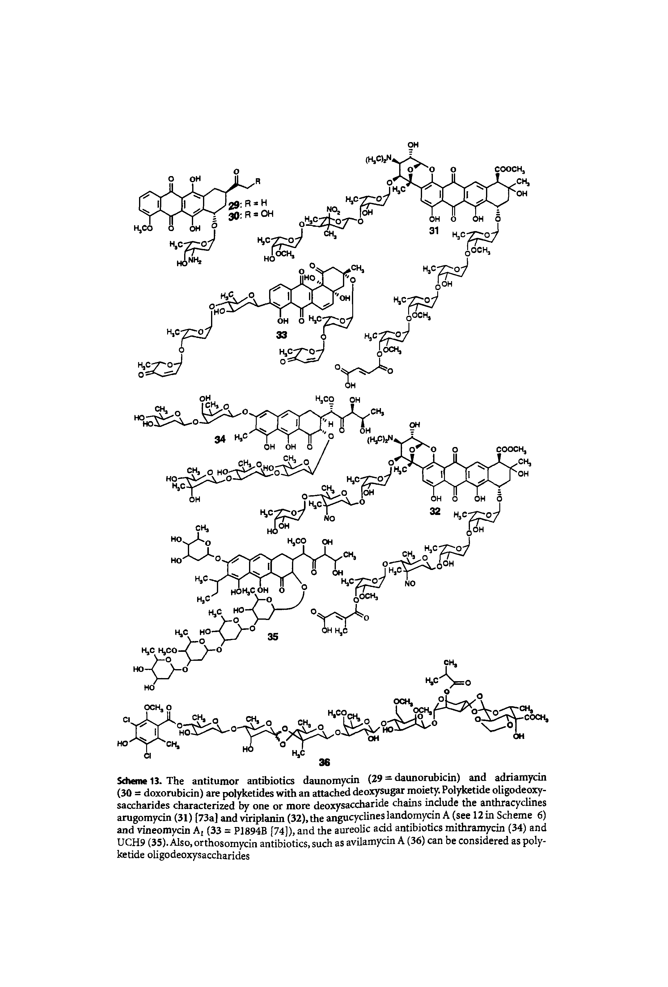 Scheme 13. The antitumor antibiotics daunomycin (29 = daunorubicin) and adiiamycin (30 = doxorubicin) are polyketides with an attached deox ugar moiety. Polyketide oligodeoxy-saccharides characterized by one or more deoxysaccharide chains include the anthracyclines arugomycin (31) [73a] and viriplanin (32), the angucyclines landomycin A (see 12 in Scheme 6) and vineomycin A, (33 = P1894B [74]), and the aureolic acid antibiotics mithramycin (34) and UCH9 (35).Also,orthosomydn antibiotics, such as avUamycin A (36) can be considered as polyketide oligodeoxysaccharides...