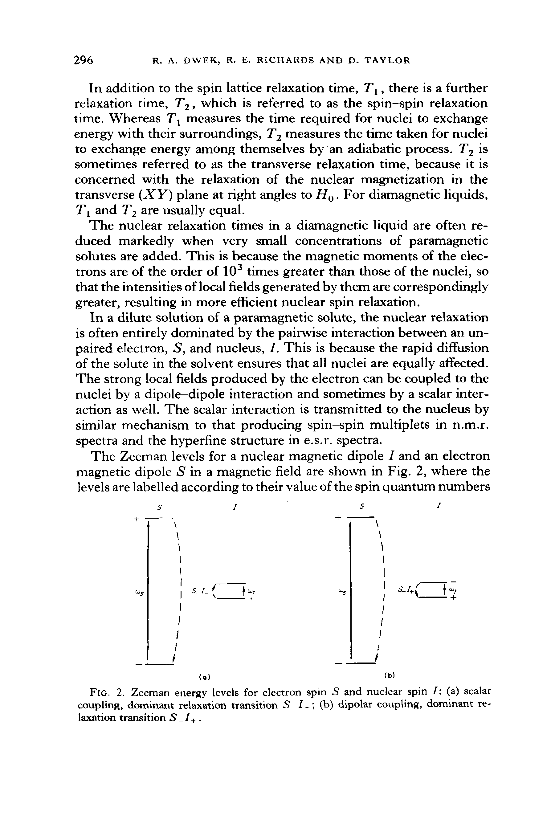 Fig. 2. Zeeman energy levels for electron spin 5 and nuclear spin / (a) scalar coupling, dominant relaxation transition S / (b) dipolar coupling, dominant relaxation transition S-1+. ...