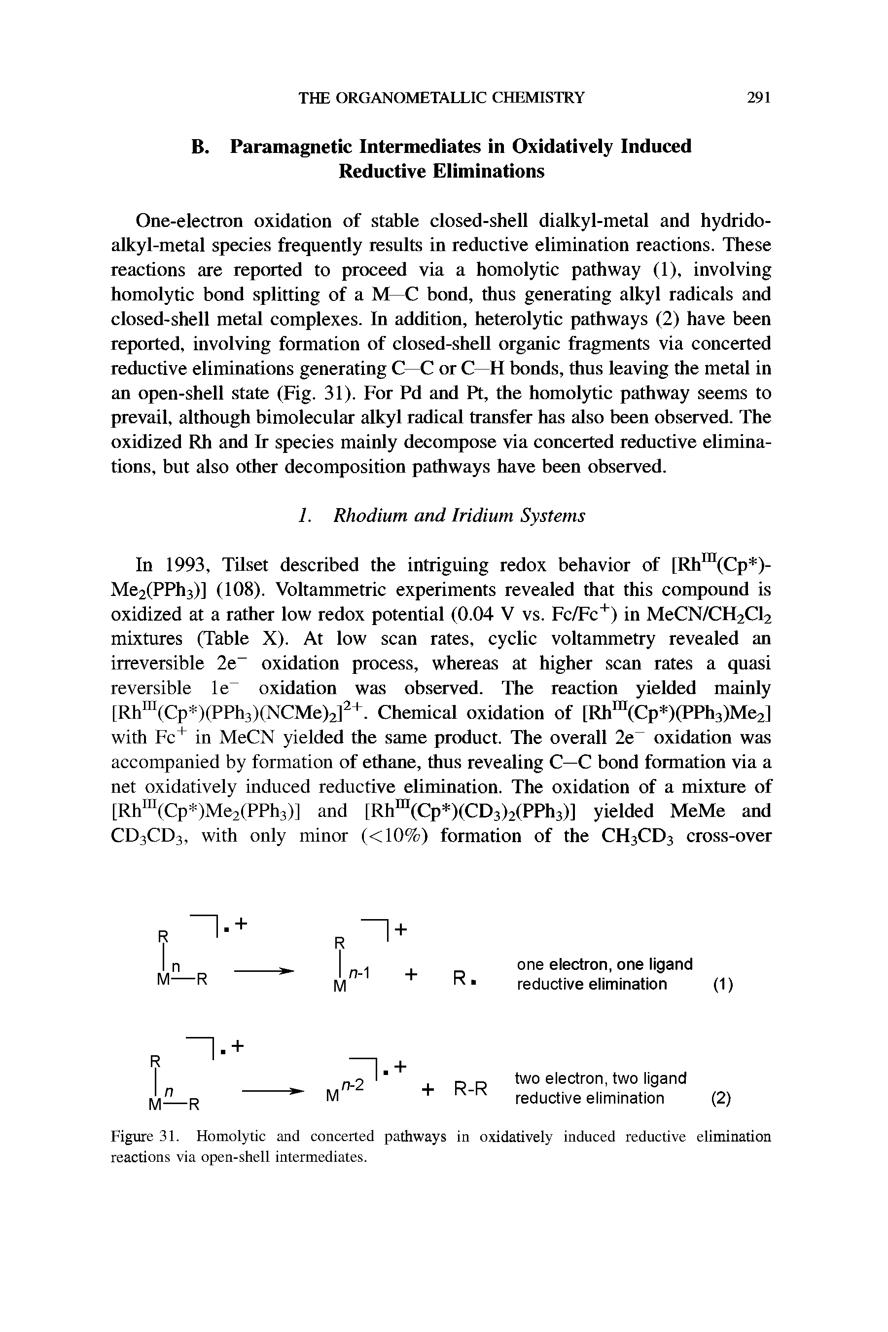 Figure 31. Homolytic and concerted pathways in oxidatively induced reductive elimination reactions via open-shell intermediates.