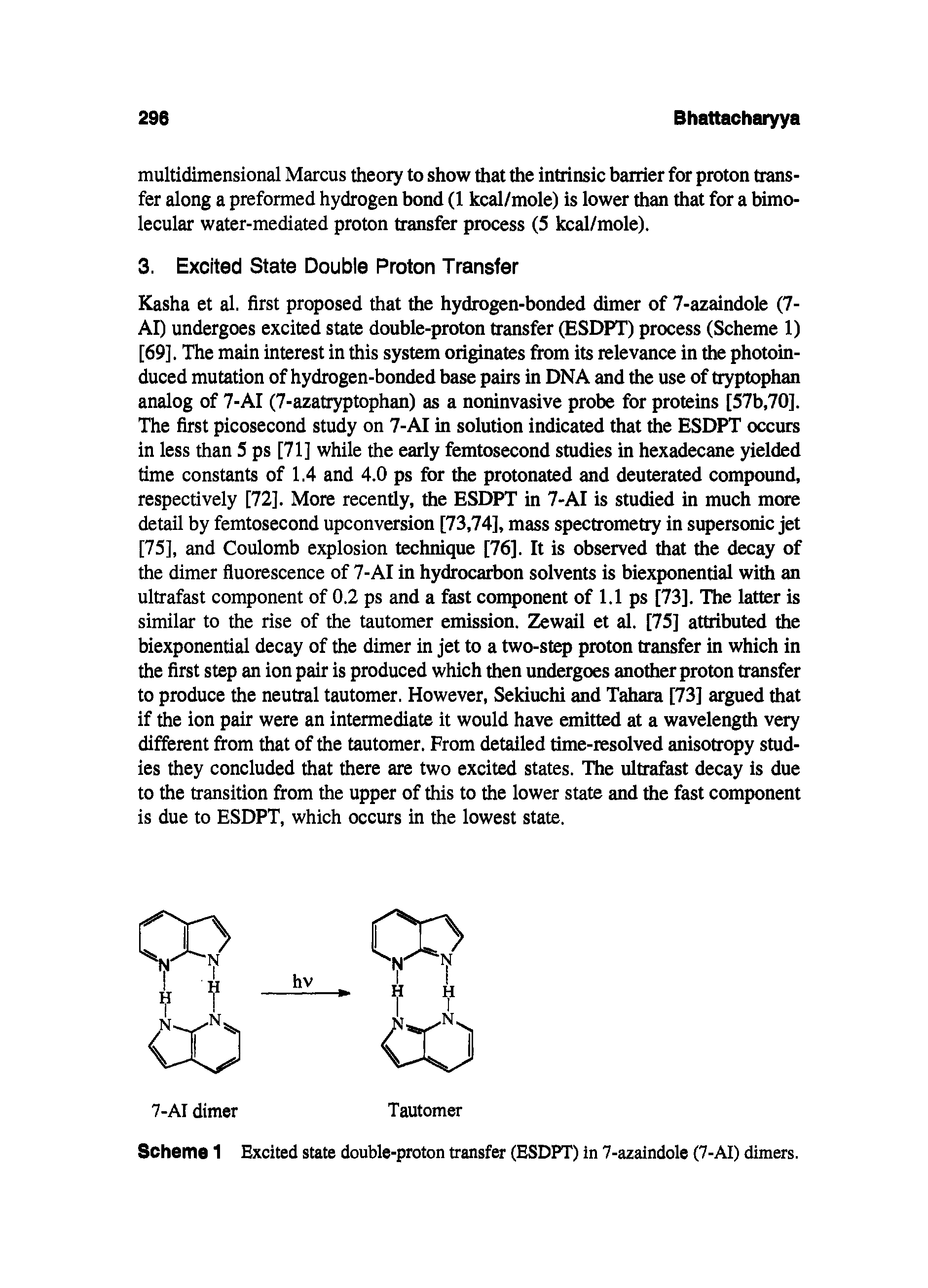 Scheme 1 Excited state double-proton transfer (ESDPT) in 7-azaindole (7-AI) dimers.