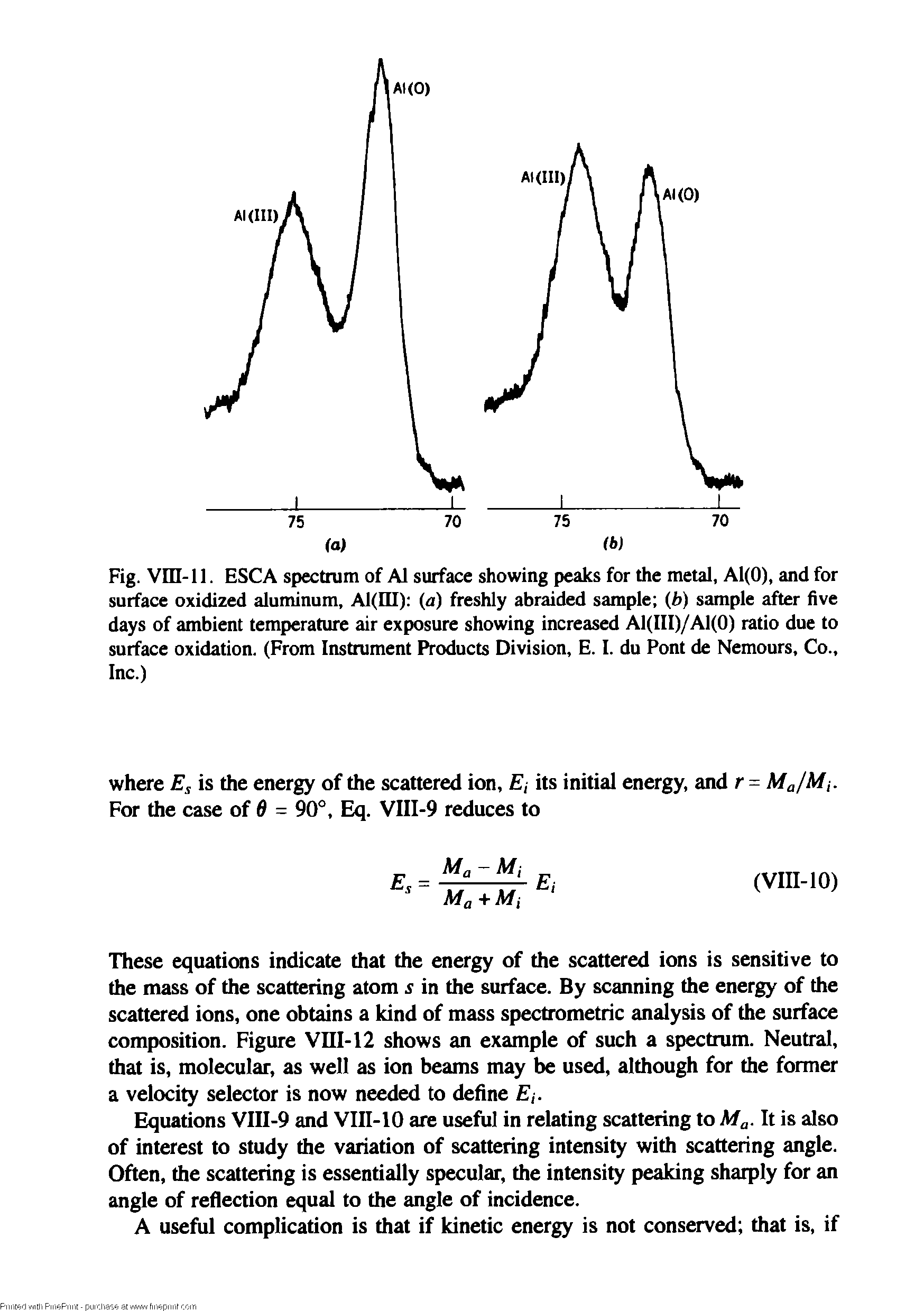 Fig. Vni-11. ESCA spectrum of A1 surface showing peaks for the metal, A1(0), and for surface oxidized aluminum, Al(III) (a) freshly abraided sample (b) sample after five days of ambient temperature air exposure showing increased A1(III)/A1(0) ratio due to surface oxidation. (From Instrument Products Division, E. I. du Pont de Nemours, Co., Inc.)...