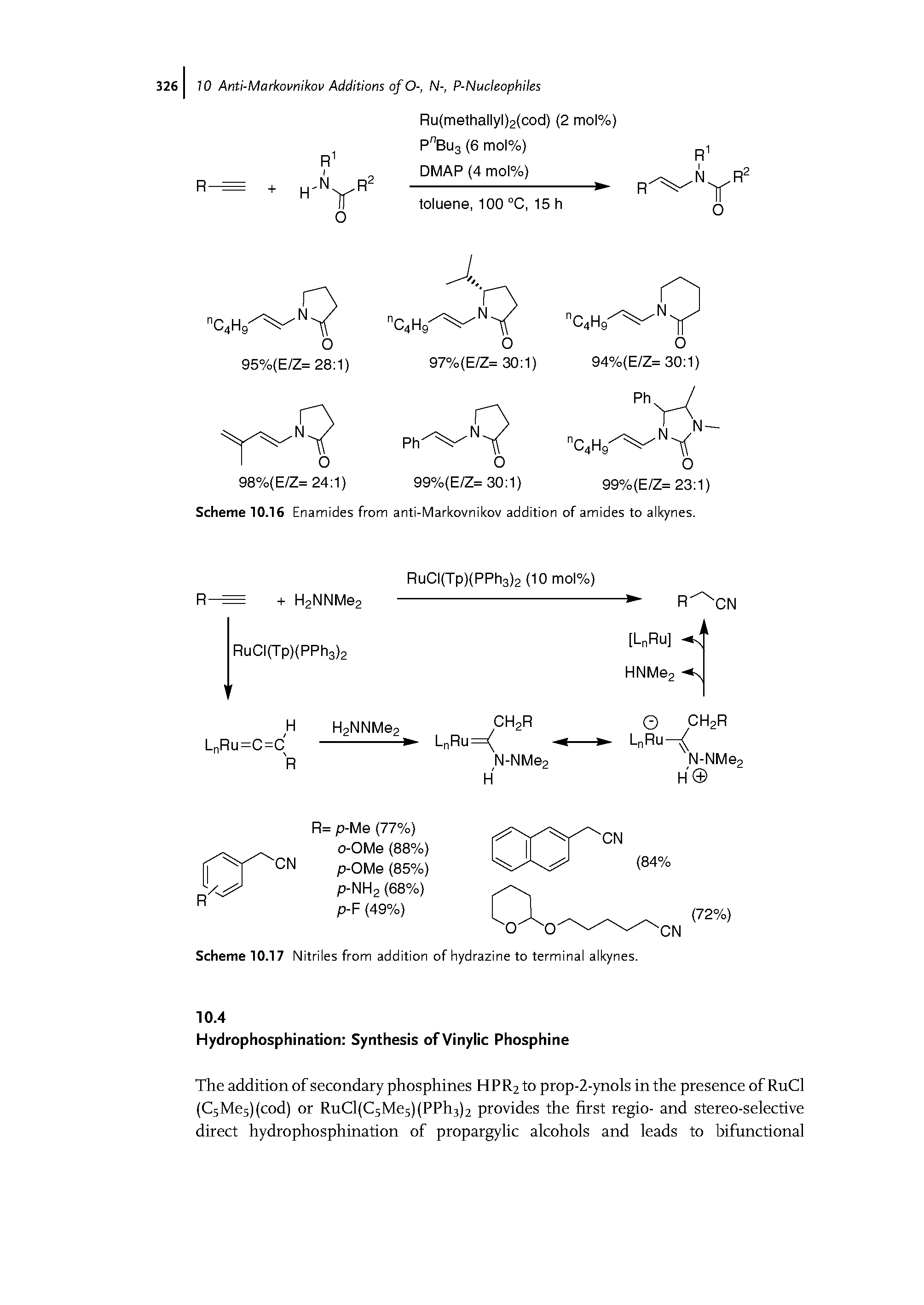 Scheme 10.17 Nitriles from addition of hydrazine to terminal alkynes.