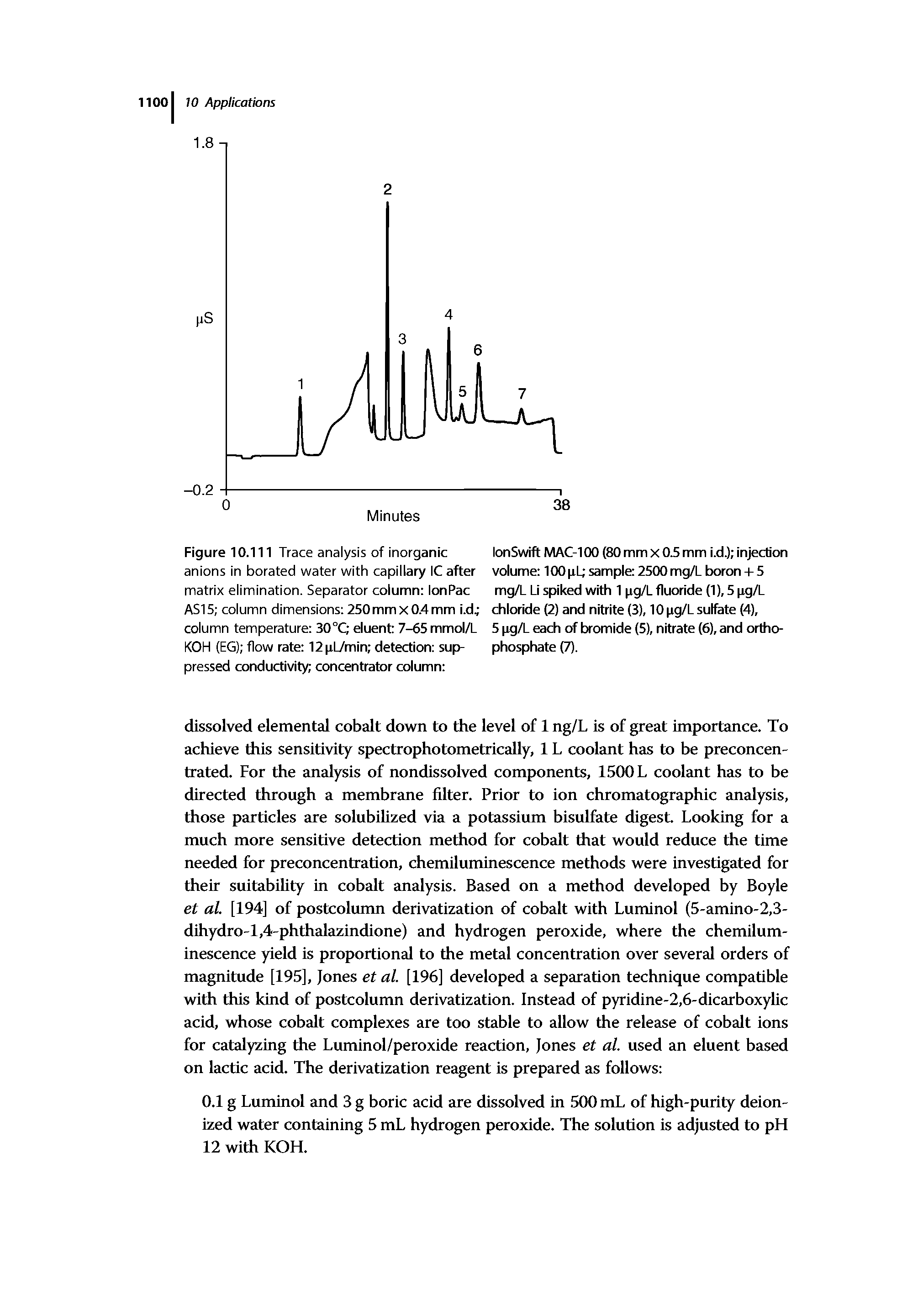 Figure 10.111 Trace analysis of inorganic anions in borated water with capillary 1C after matrix elimination. Separator column lonPac AS15 column dimensions 250 mm x 0.4 mm i.d. column temperature 30°C eluent 7-65 mmol/L KOH (EG) flow rate 12(iL/min detection suppressed conductivity concentrator column ...