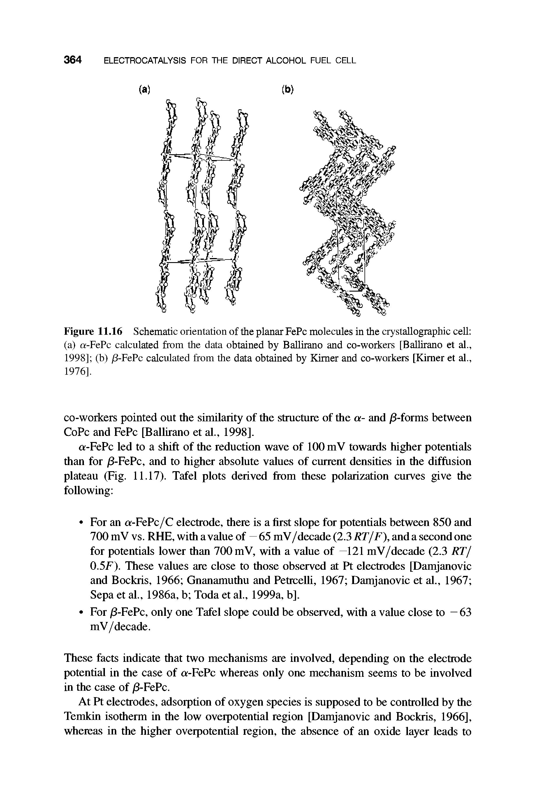 Figure 11.16 Schematic orientation of the planar FePc molecules in the crystallographic cell (a) a-FePc calculated from the data obtained by Ballirano and co-workers [Ballirano et al., 1998] (b) /3-FePc calculated from the data obtained by Kimer and co-workers [Kimer et al., 1976],...