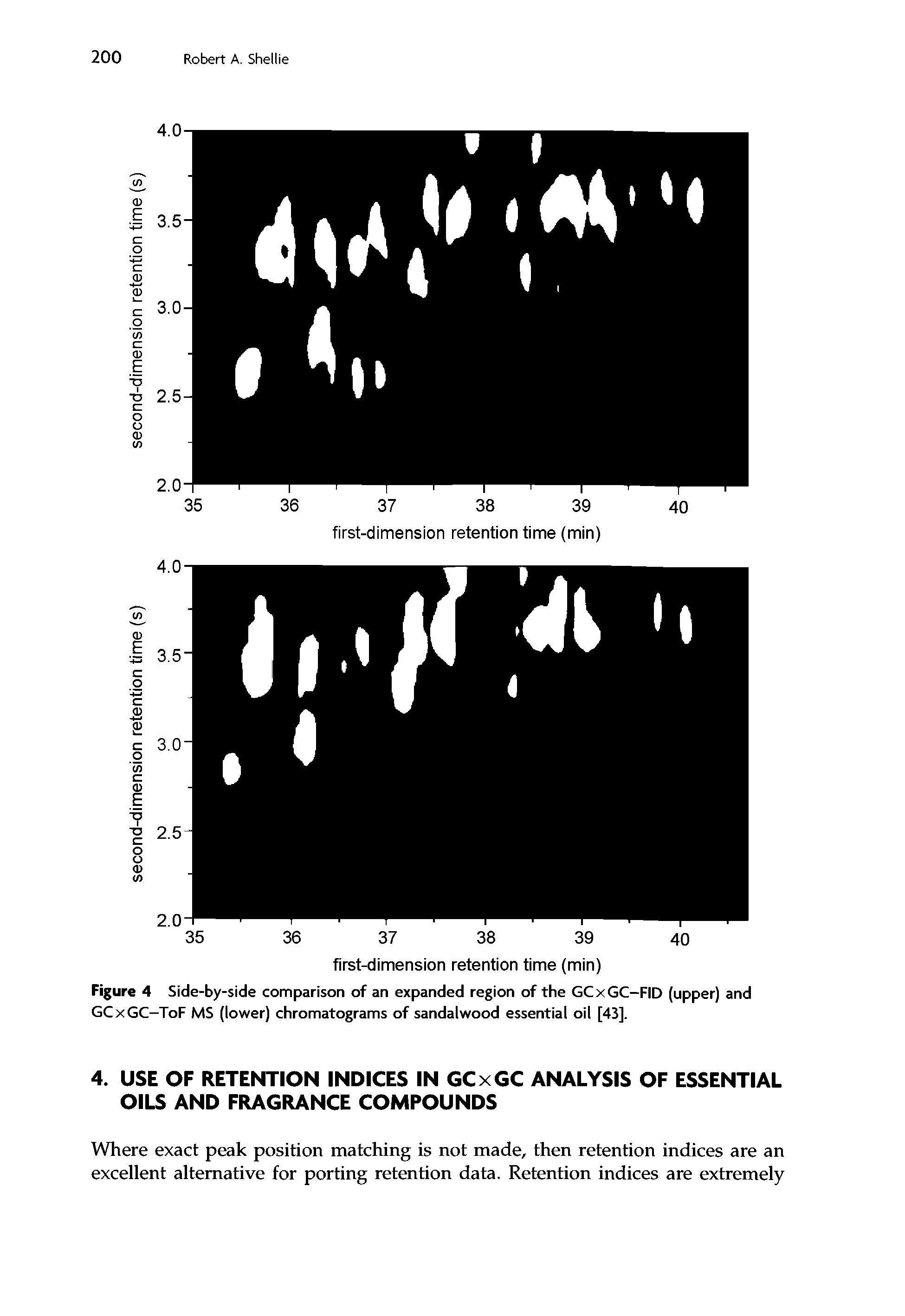 Figure 4 Side-by-side comparison of an expanded region of the GCxGC-FID (upper) and GCxGC-ToF MS (lower) chromatograms of sandalwood essential oil [43].