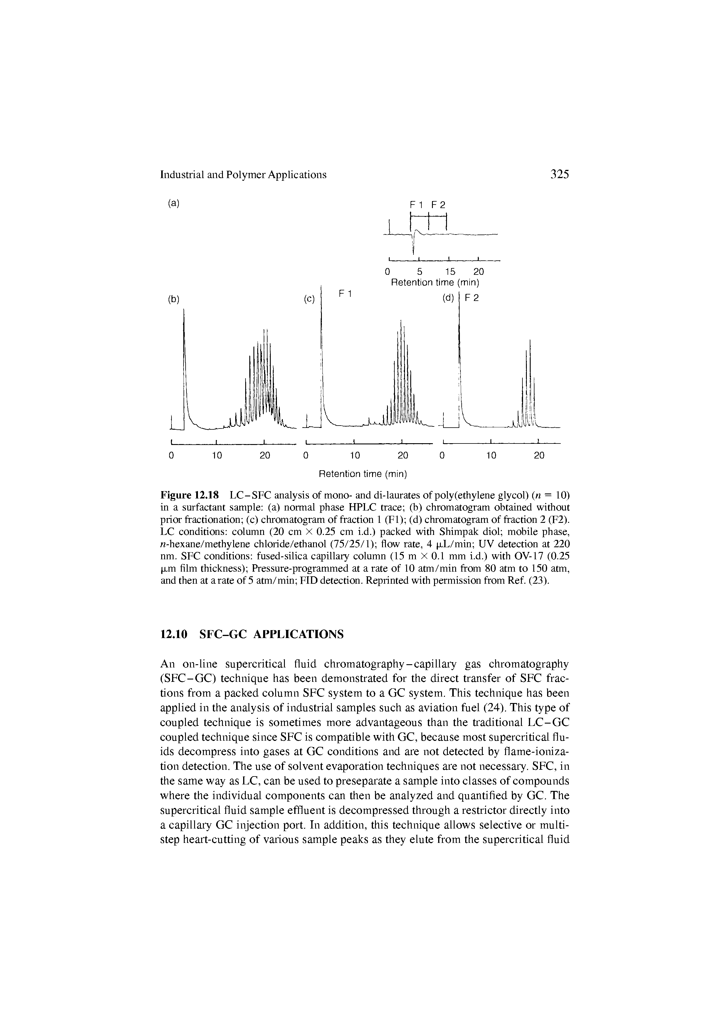 Figure 12.18 LC-SFC analysis of mono- and di-laurates of poly (ethylene glycol) ( = 10) in a surfactant sample (a) normal phase HPLC trace (b) chromatogram obtained without prior fractionation (c) chromatogram of fraction 1 (FI) (d) chromatogram of fraction 2 (F2). LC conditions column (20 cm X 0.25 cm i.d.) packed with Shimpak diol mobile phase, w-hexane/methylene chloride/ethanol (75/25/1) flow rate, 4 p.L/min UV detection at 220 nm. SFC conditions fused-silica capillary column (15 m X 0.1 mm i.d.) with OV-17 (0.25 p.m film thickness) Pressure-programmed at a rate of 10 atm/min from 80 atm to 150 atm, and then at arate of 5 atm/min FID detection. Reprinted with permission from Ref. (23).