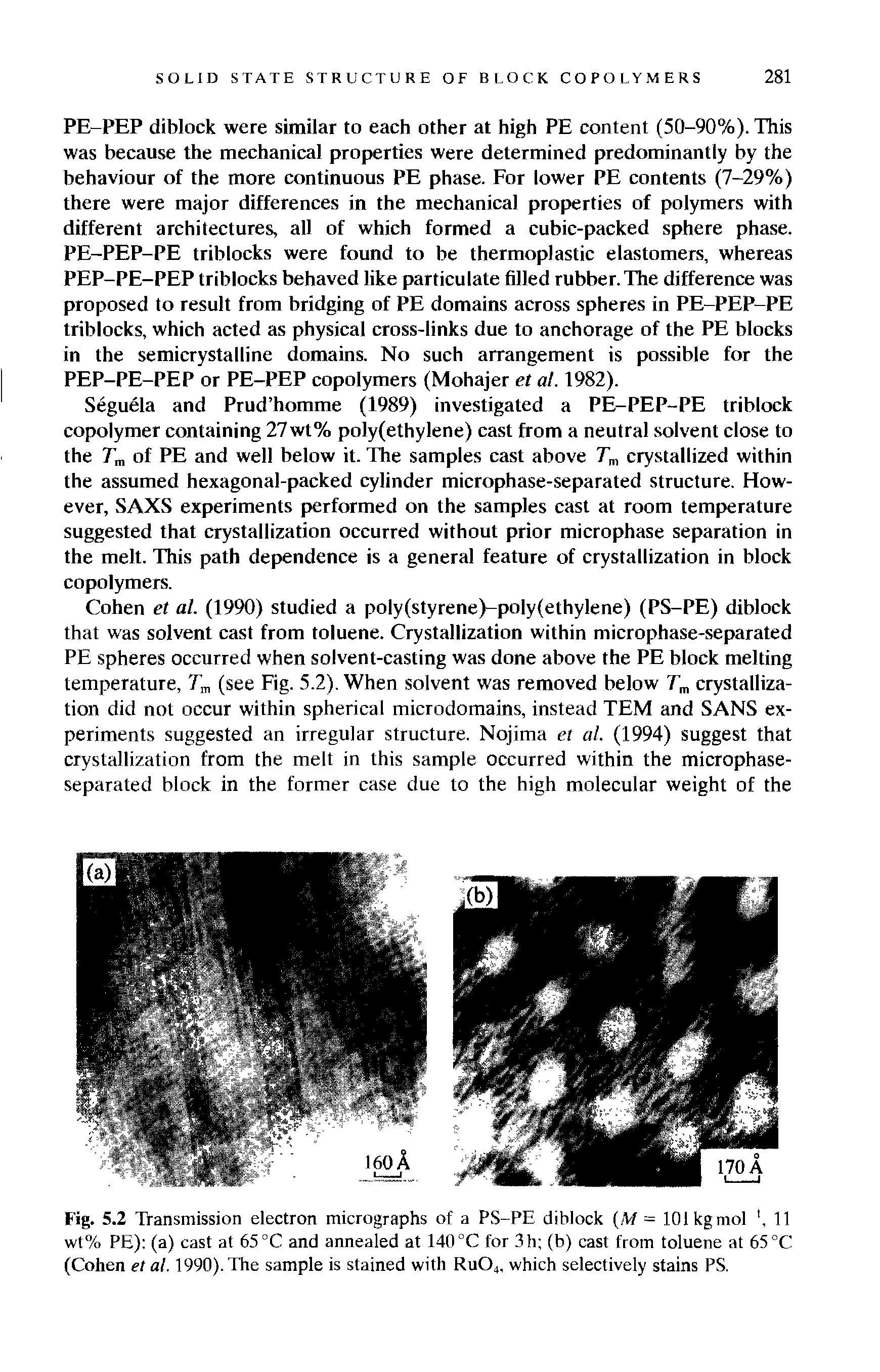 Fig. 5.2 Transmission electron micrographs of a PS-PE diblock (M = 101 kg mol 11 wt% PE) (a) cast at 65 °C and annealed at 140 °C for 3h (b) cast from toluene at 65 °C (Cohen et al. 1990). The sample is stained with Ru04, which selectively stains PS.