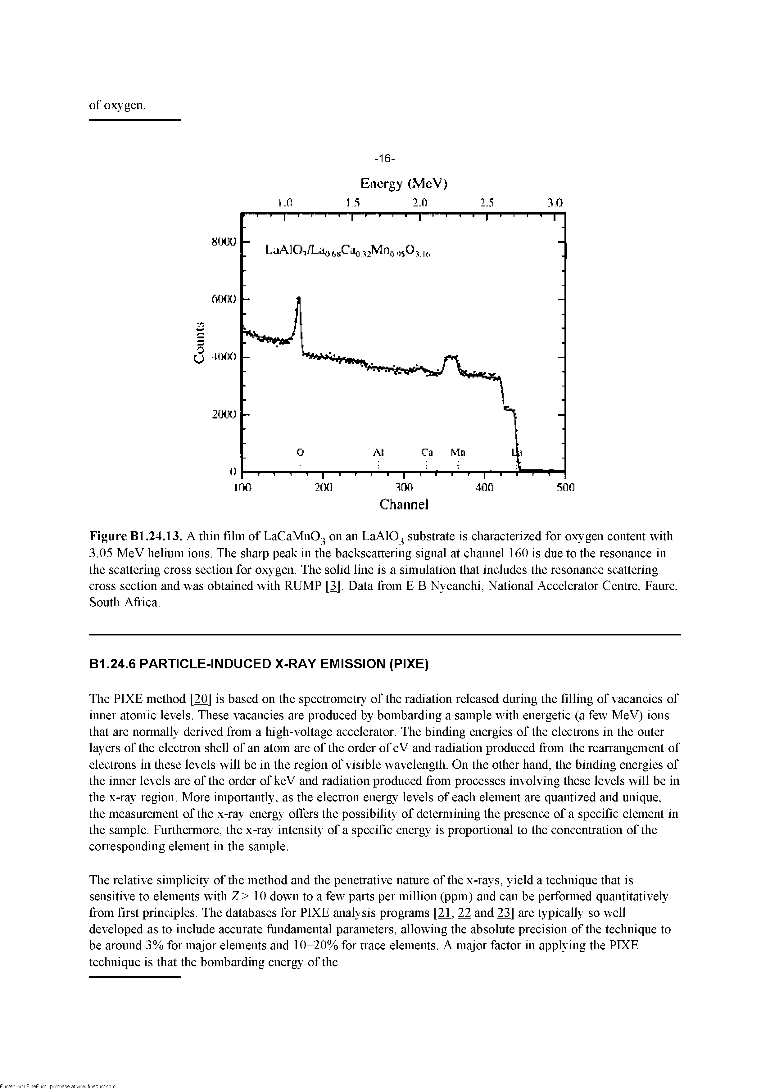 Figure Bl.24.13. A thin film of LaCaMn03 on an LaA103 substrate is characterized for oxygen content with 3.05 MeV helium ions. The sharp peak in the backscattering signal at chaimel 160 is due to the resonance in the scattering cross section for oxygen. The solid line is a simulation that includes the resonance scattering cross section and was obtained with RUMP [3]. Data from E B Nyeanchi, National Accelerator Centre, Fame, South Africa.