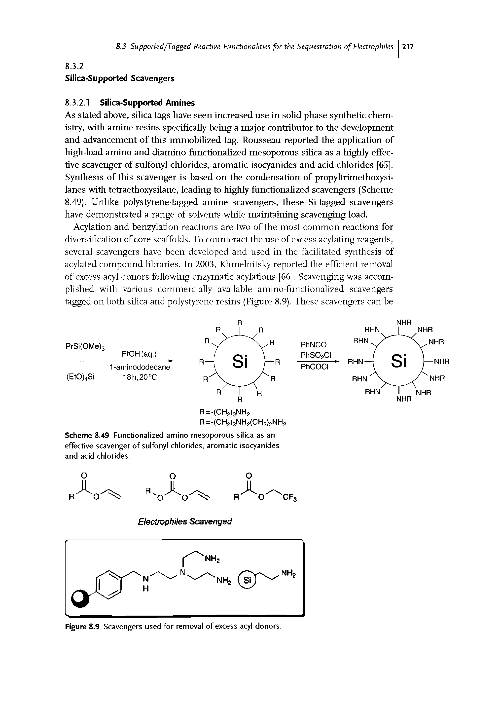 Scheme 8.49 Functionalized amino mesoporous silica as an effective scavenger of sulfonyl chlorides, aromatic isocyanides and acid chlorides.