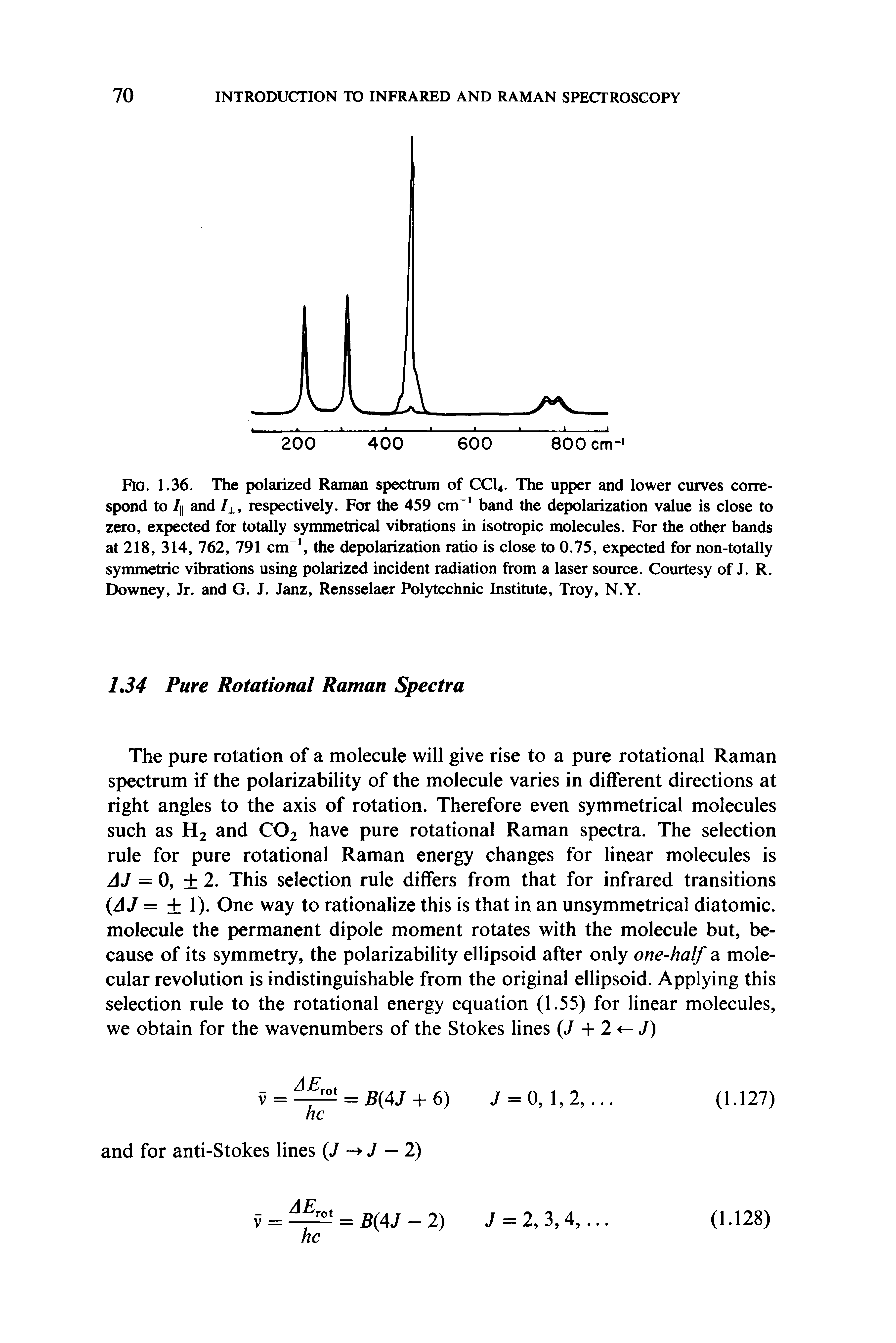 Fig. 1.36. The polarized Raman spectrum of CCI4. The upper and lower curves correspond to 7 and /j., respectively. For the 459 cm" band the depolarization value is close to zero, expected for totally symmetrical vibrations in isotropic molecules. For the other bands at 218, 314, 762, 791 cm", the depolarization ratio is close to 0.75, expected for non-totally symmetric vibrations using polarized incident radiation from a laser source. Courtesy of J. R. Downey, Jr. and G. J. Janz, Rensselaer Polytechnic Institute, Troy, N.Y.