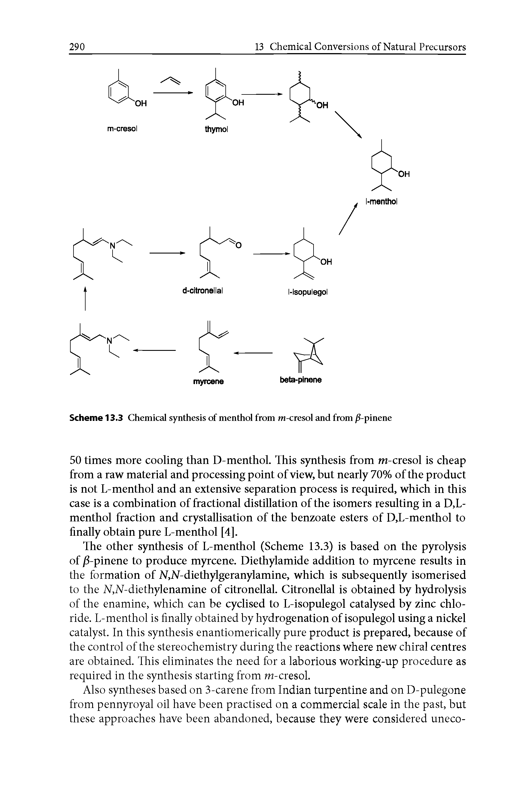 Scheme 13.3 Chemical synthesis of menthol from m-cresol and from -pinene...