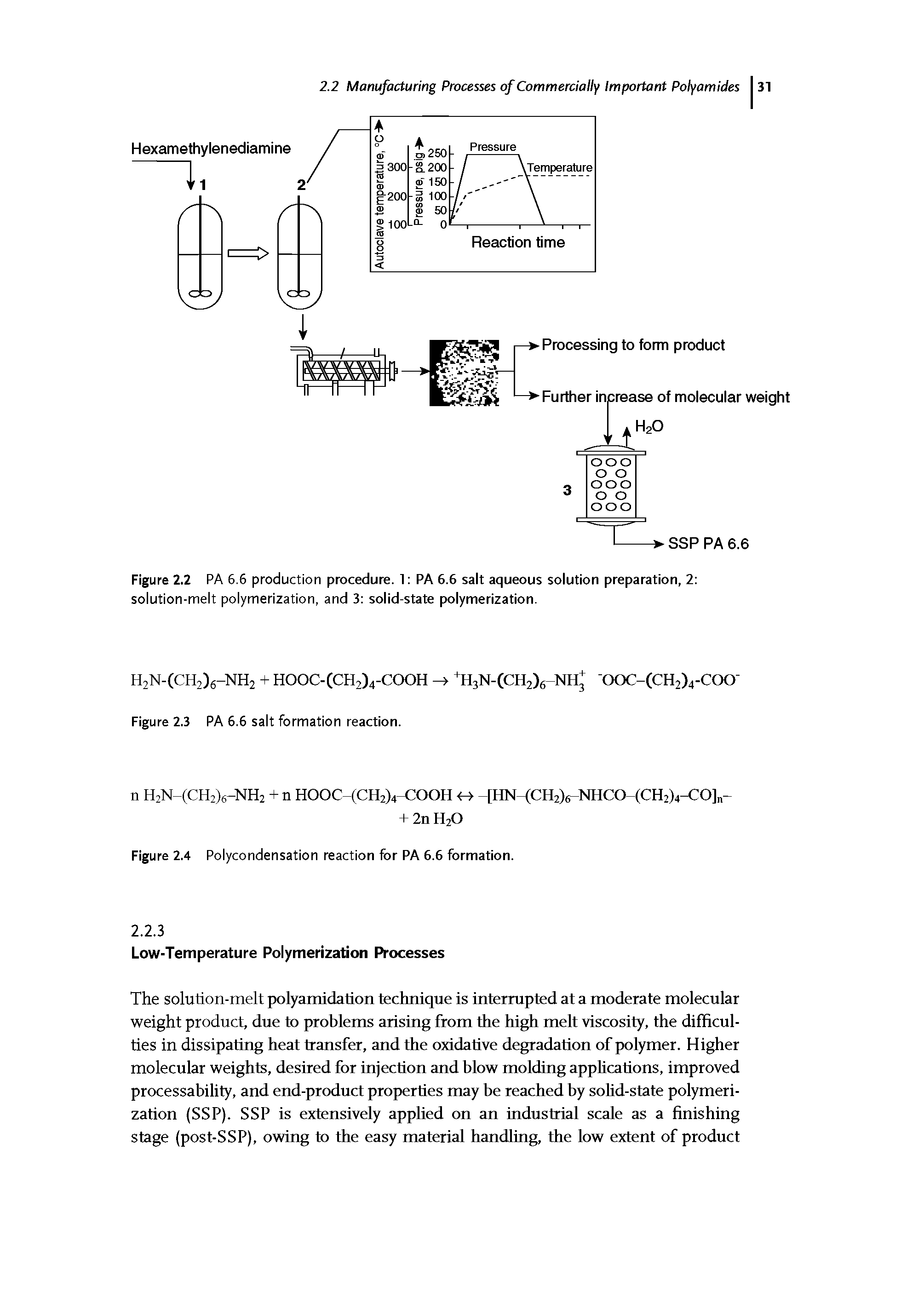 Figure 2.2 PA 6.5 production procedure. 1 PA 6.6 salt aqueous solution preparation, 2 solution-melt polymerization, and 3 solid-state polymerization.